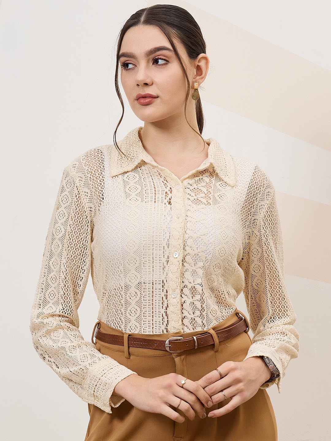 Shally Bhasin by Athena Self Design Cuffed Sleeves Lace Inserts Semi Sheer Shirt Style Top