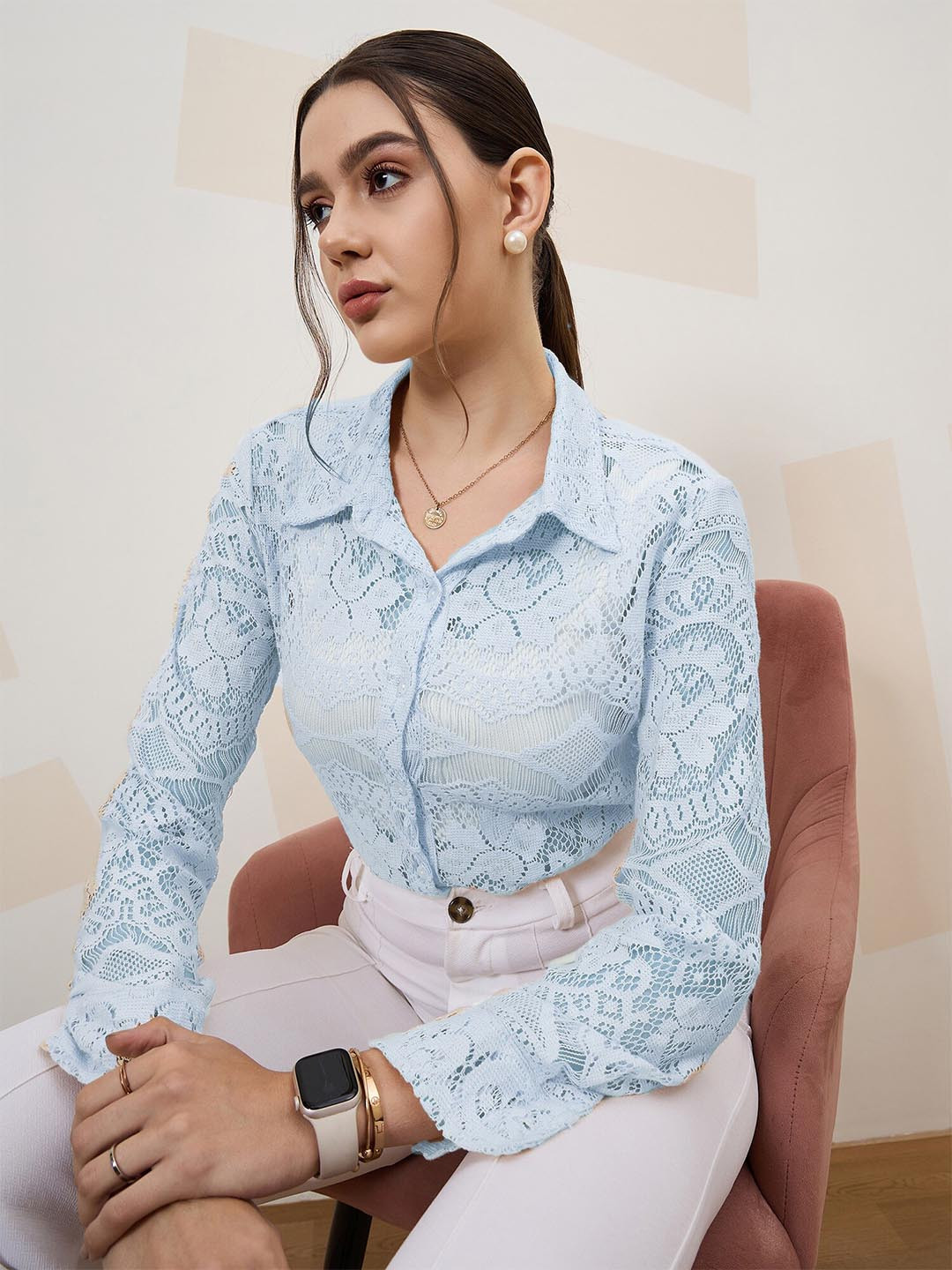Shally Bhasin by Athena Self Design Cuffed Sleeves Lace Inserts Semi Sheer Shirt Style Top