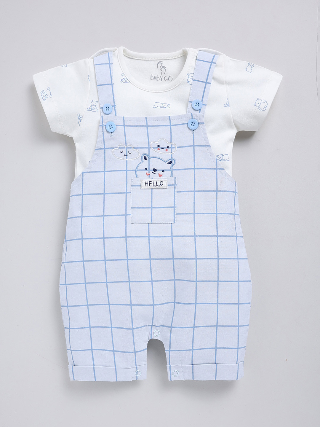 BABY GO Infant Boys Checked Pure Cotton Straight Leg Dungaree With T-shirt