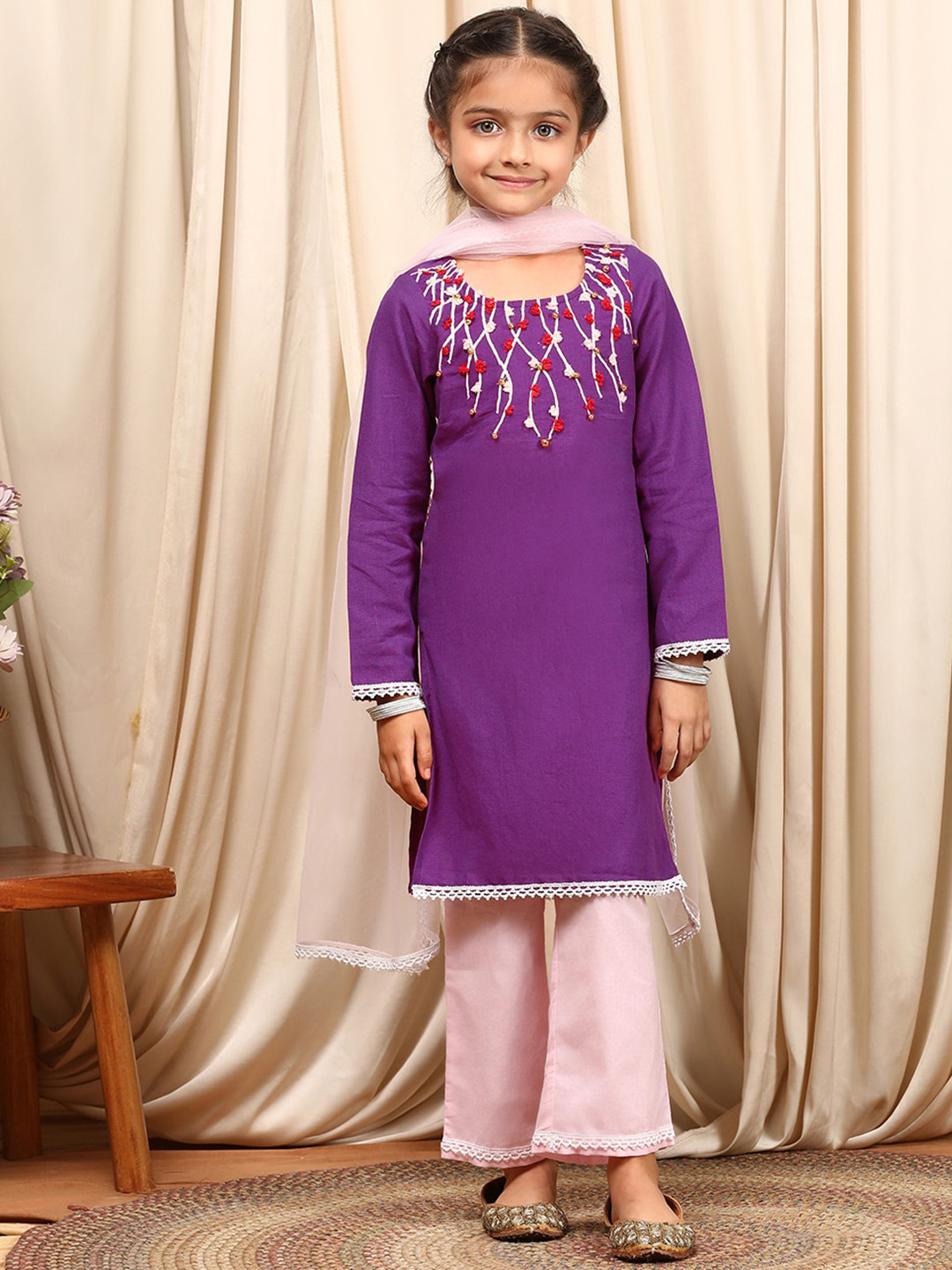 pspeaches Girls Round Neck Long Sleeves Straight Kurta with Palazzo & Dupatta