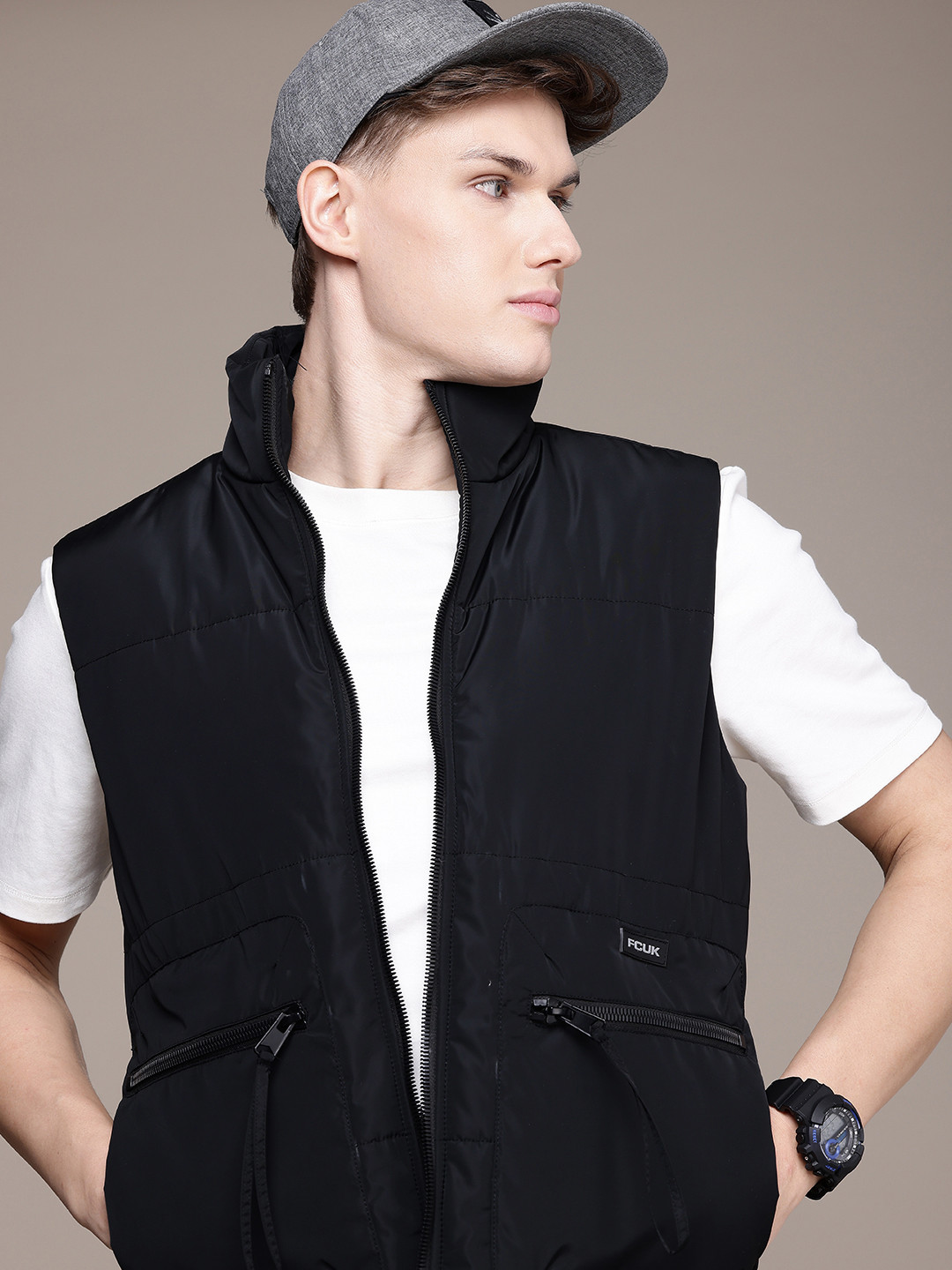 FCUK Sleeveless Mock Collar Padded Jacket