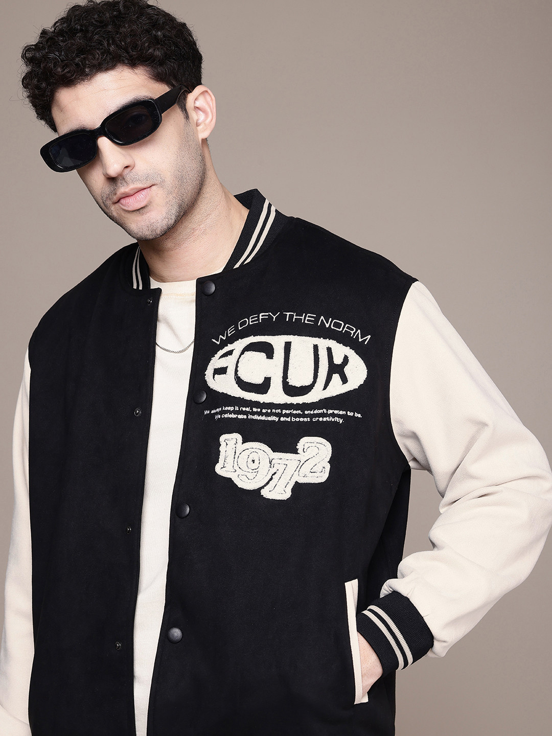 FCUK Typography Embroidered Varsity Jacket