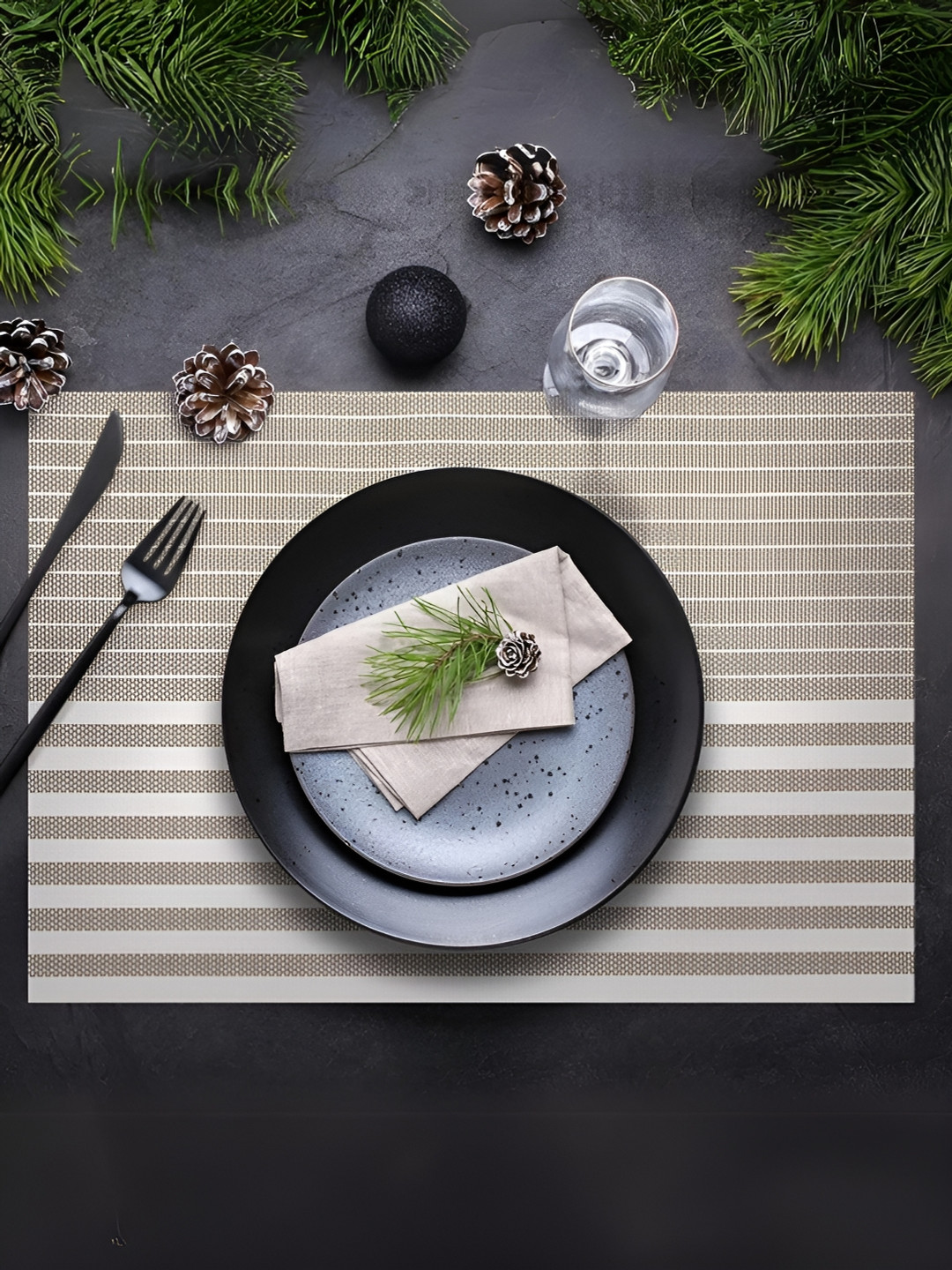 UniKart Brown & White 10 Pieces Striped Anti-Slip Table Placemats