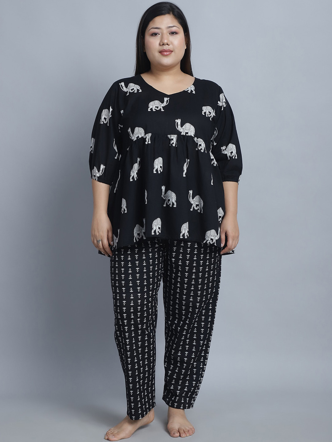 TAG 7 PLUS Plus Size Floral Printed Pure Cotton Kurti With Pyjamas