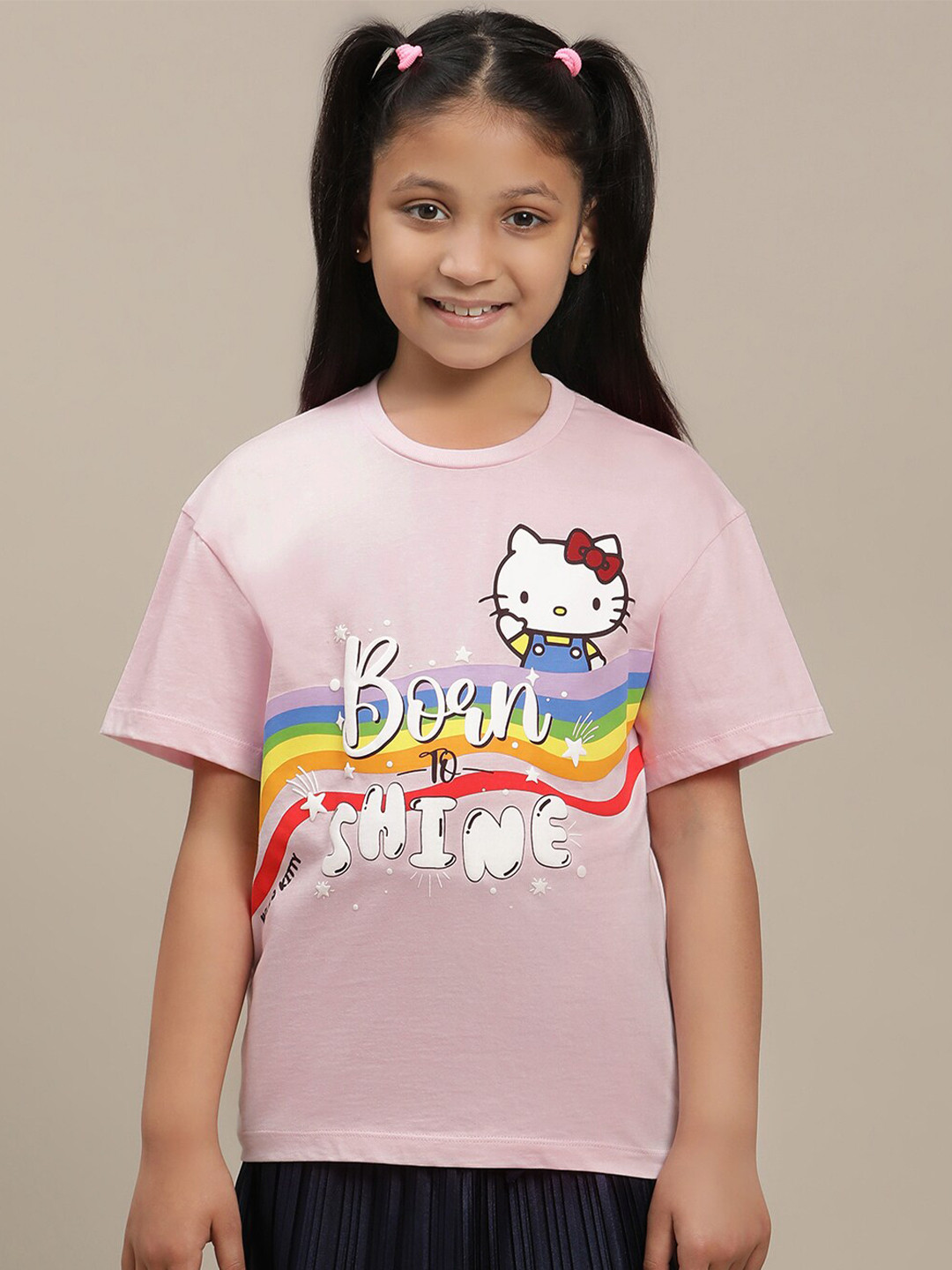 Kids Ville Girls Hello Kitty Printed Round Neck Short Sleeves Pure Cotton Tshirt
