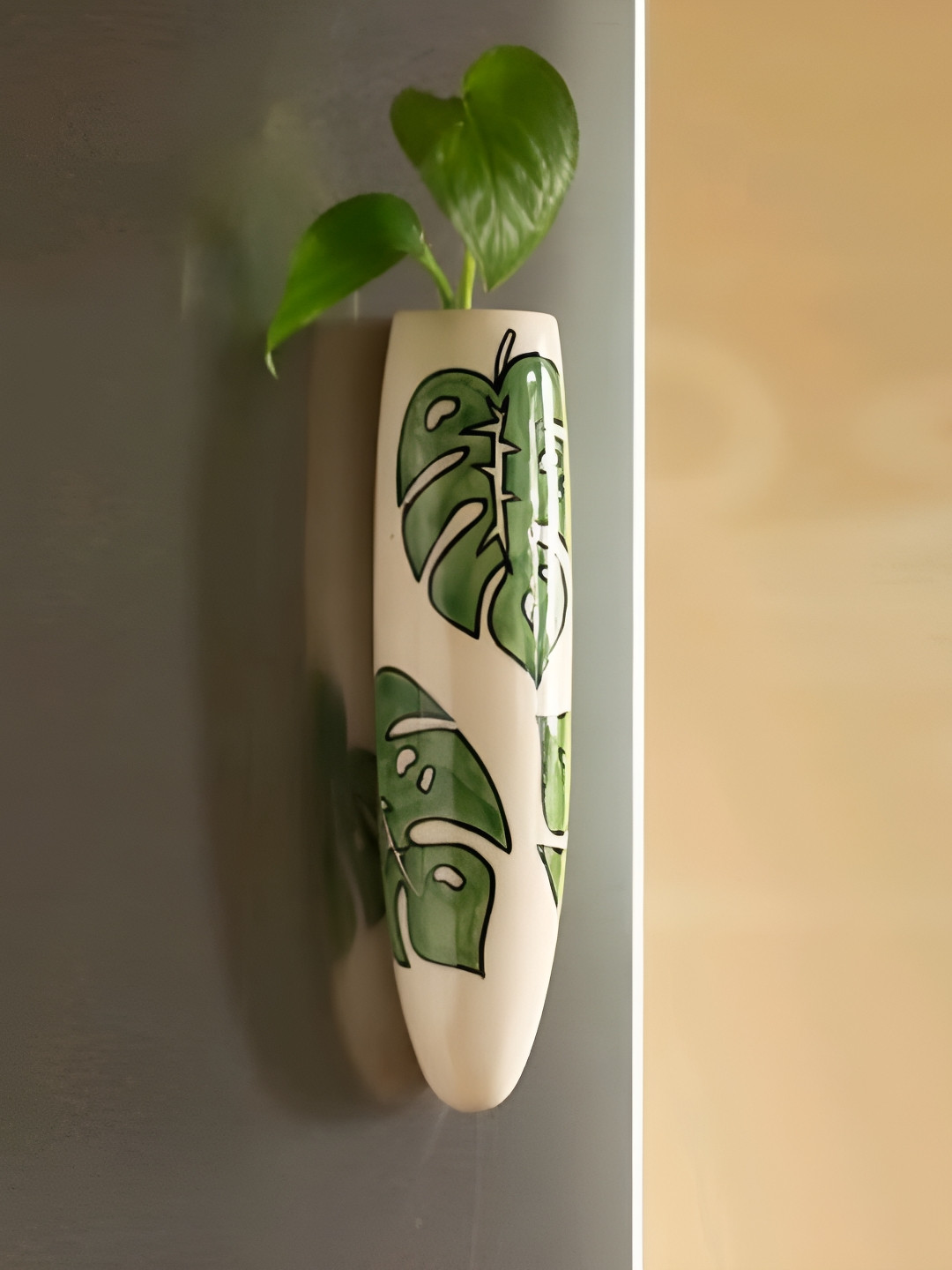 INDIA MEETS INDIA Green & Beige Printed Magnetic Ceramic Vase