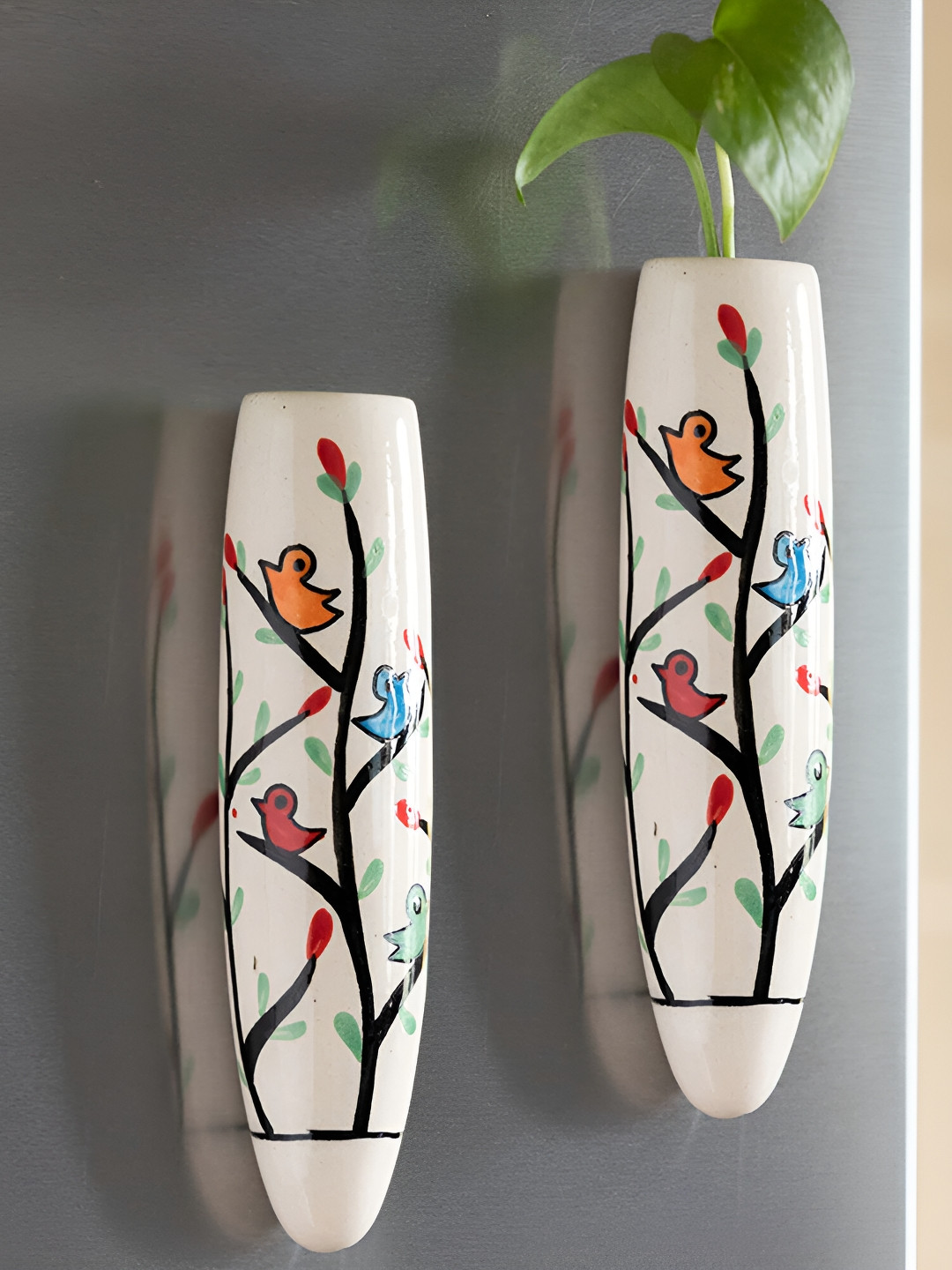 INDIA MEETS INDIA White & Blue 2 Pieces Printed Magnetic Ceramic Vases