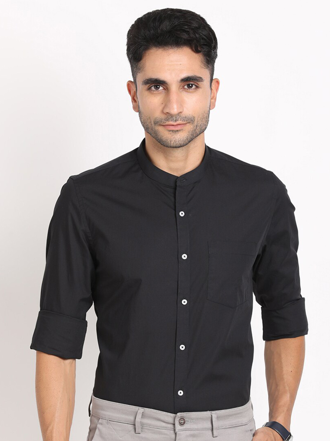 Turtle Band Collar Long Sleeves Classic Slim Fit Cotton Formal Shirt