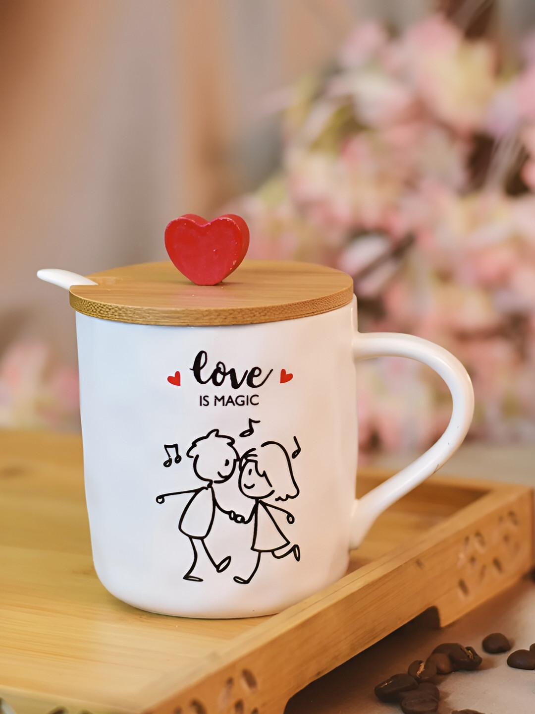 Giftii Disposable White Typography Ceramic Microwave Safe Mug with Lid and Spoon-350ml