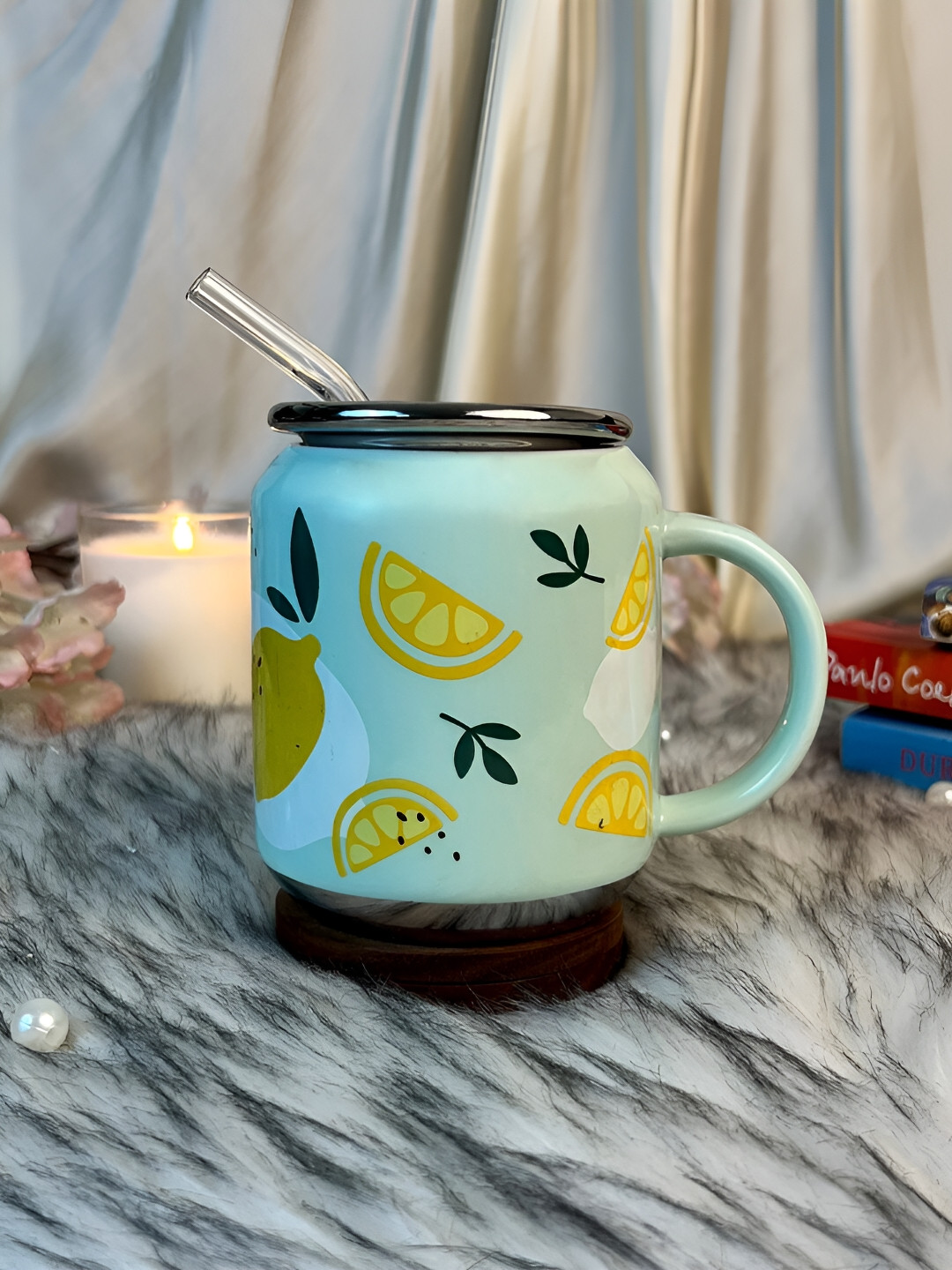 Giftii Green Conversational Ceramic Microwave Safe Mug with Lid and Straw-250ml