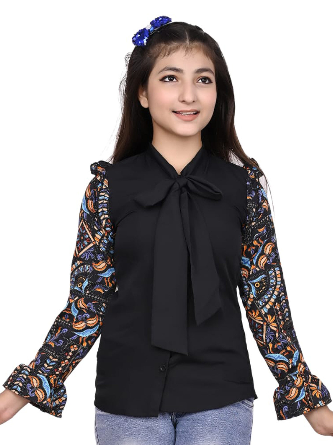 FELLAMO Girls Floral Printed Tie-Up Neck Shirt Style Top