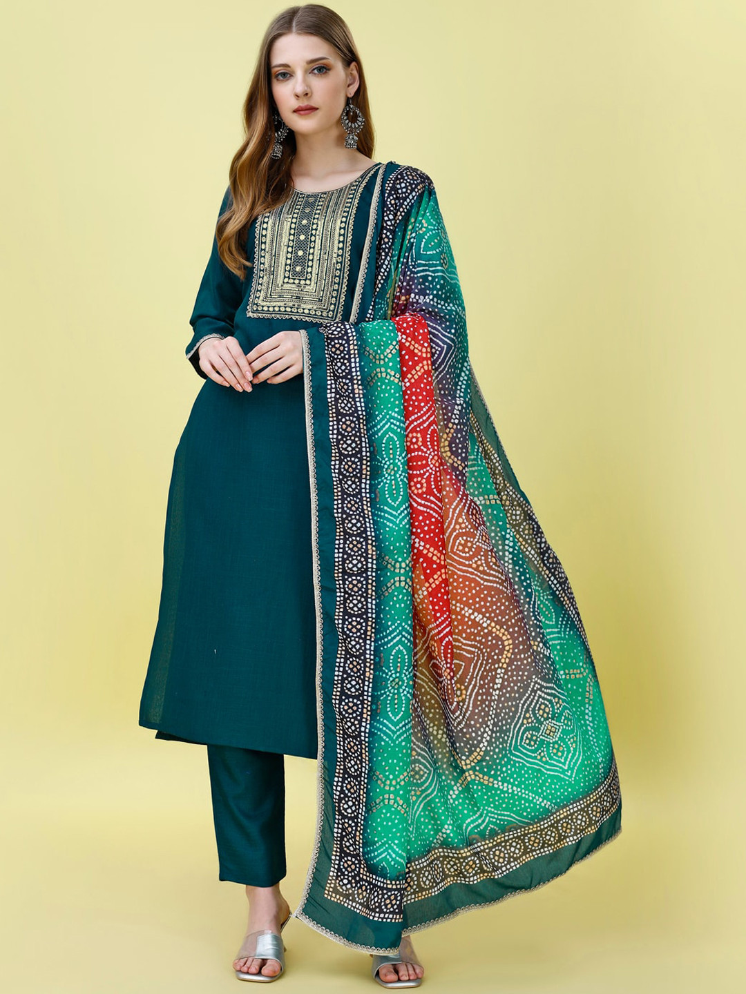 KALINI Floral Yoke Design Sequinned Straight Kurta with Trousers & Dupatta