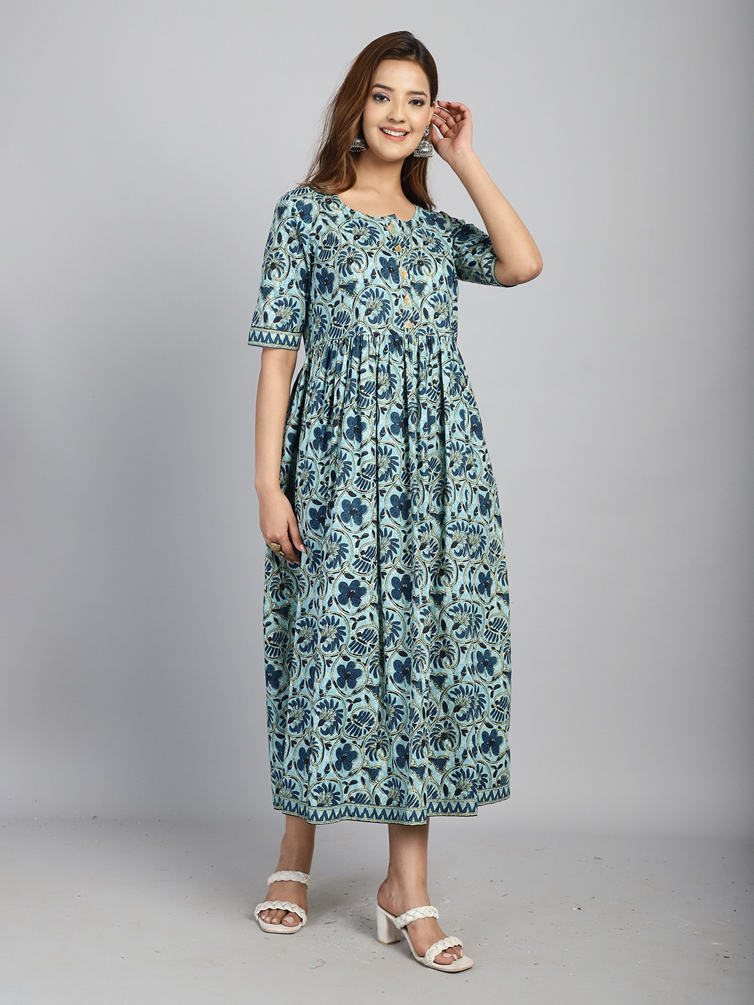 Rajnandini Floral Printed Pure Cotton A-Line Midi Dress