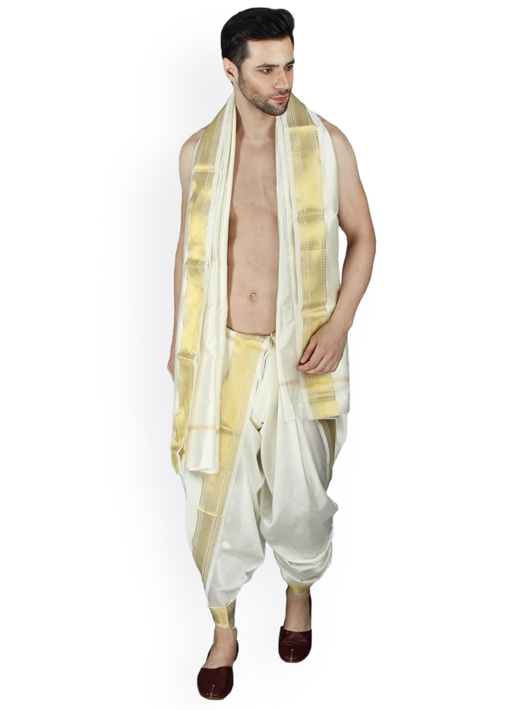 Exotic India Art Silk Cream Dhoti and Angavastram with Golden Woven Border