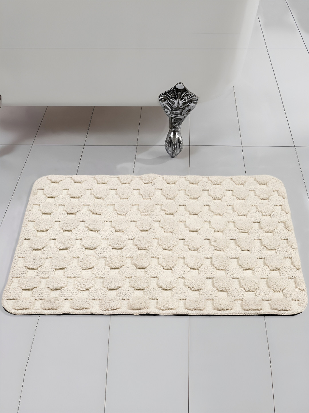 Saral Home Off White Textured Cotton Anti-Skid Bath Rug