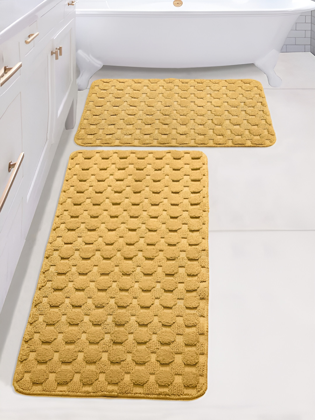 Saral Home Yellow 2 Pieces Textured 3000 GSM Cotton Antiskid Bath Mat & Runner