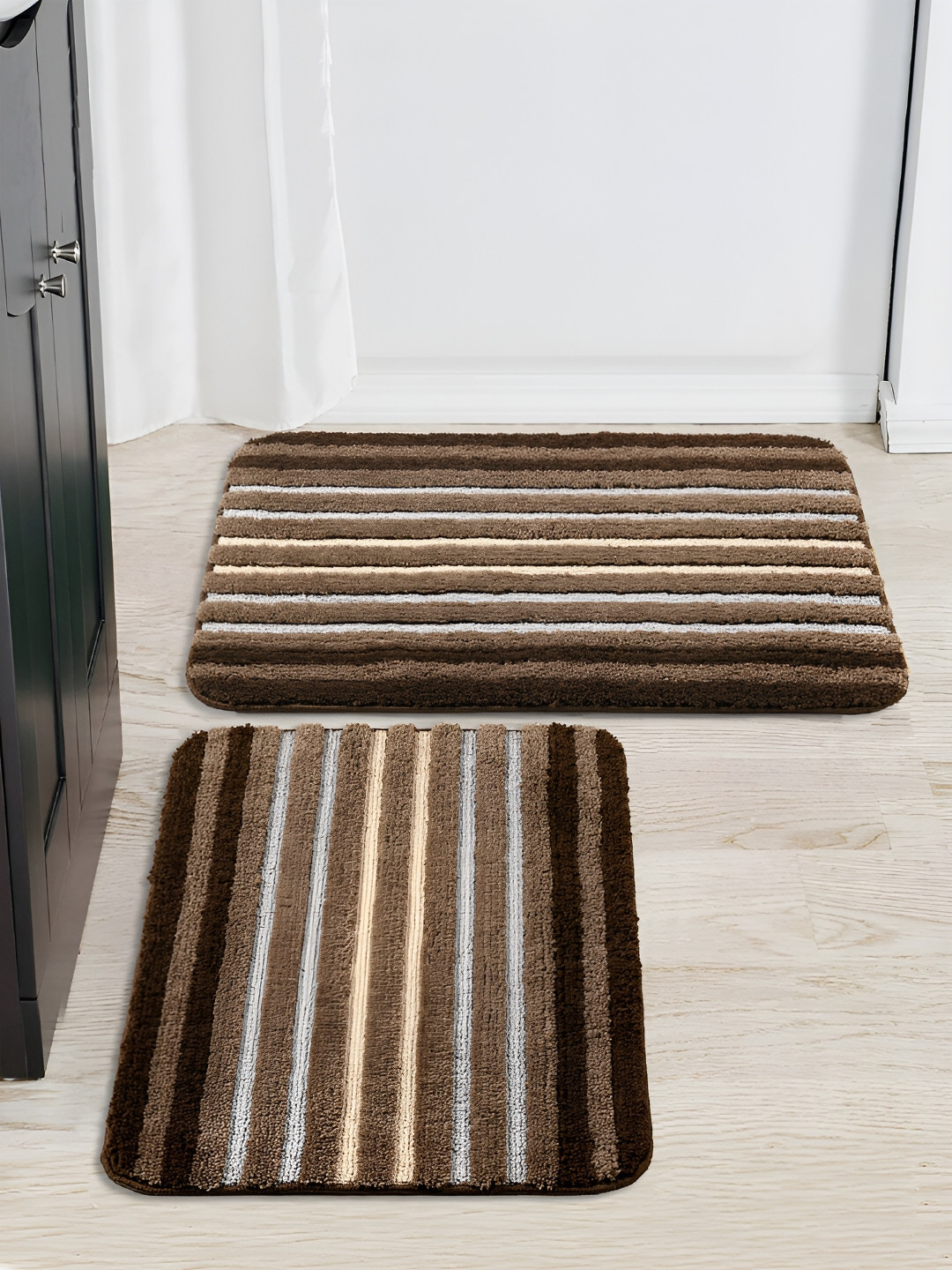 Saral Home Brown 2 Pieces Striped 650 GSM Antiskid Bath Rugs