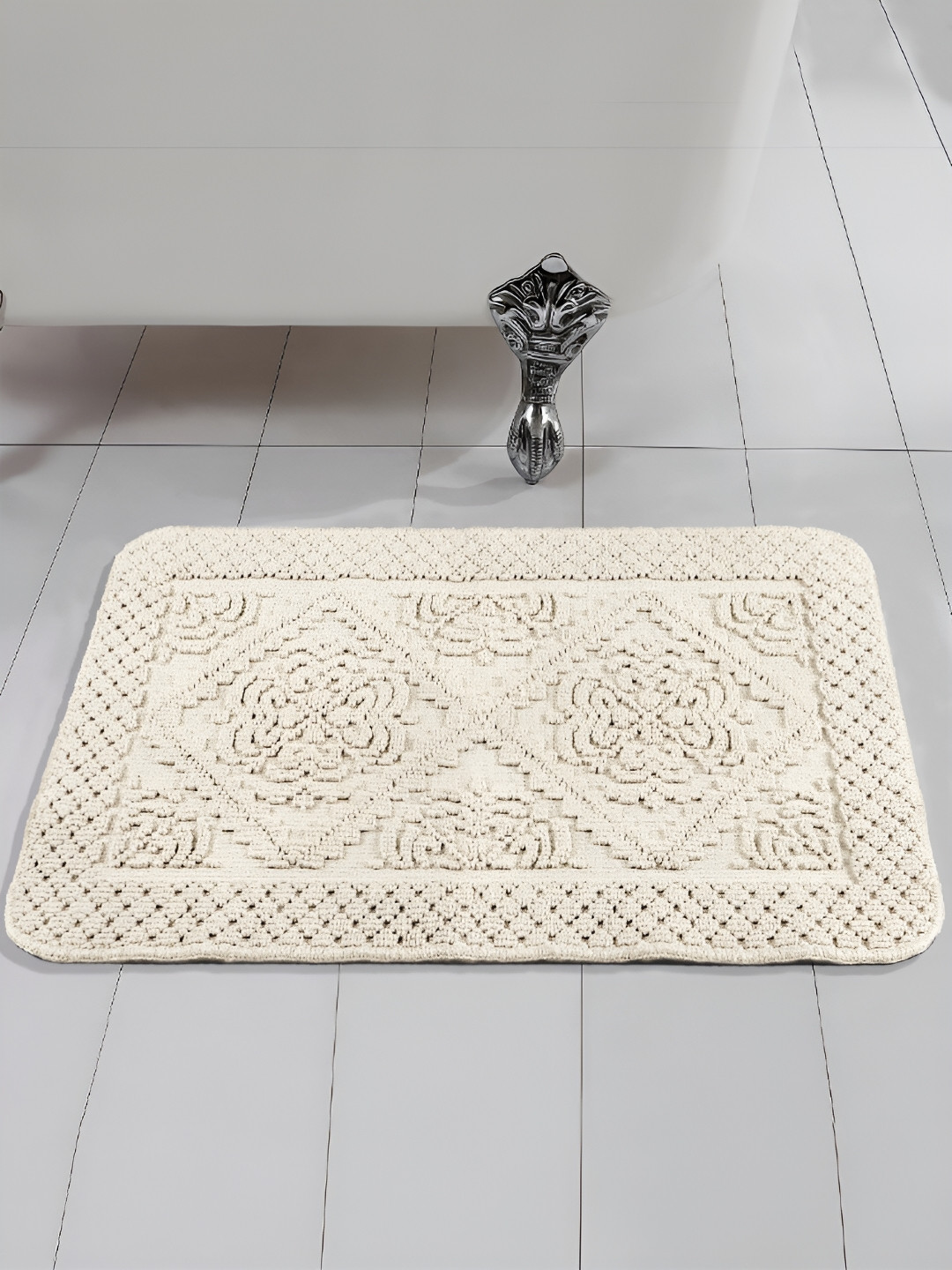 Saral Home Off White Textured 1000 GSM Cotton Anti-Skid Bath Rug