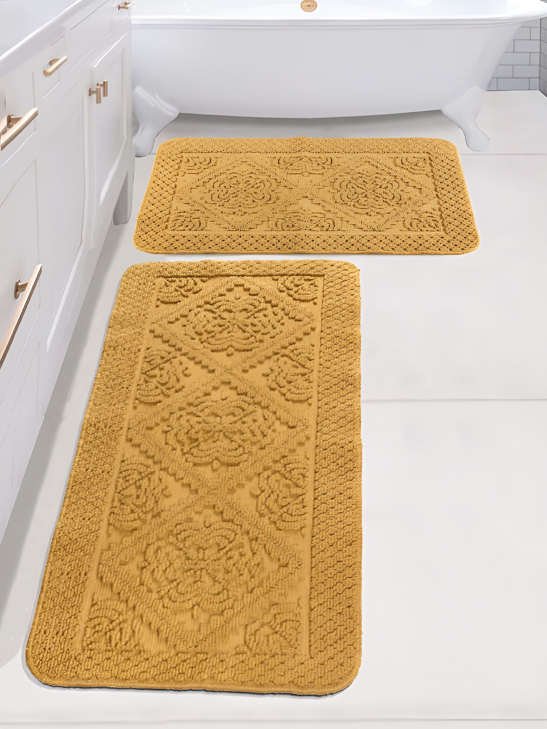 Saral Home Yellow 2 Pieces Textured 1902 GSM Cotton Antiskid Bath Mat & Runner