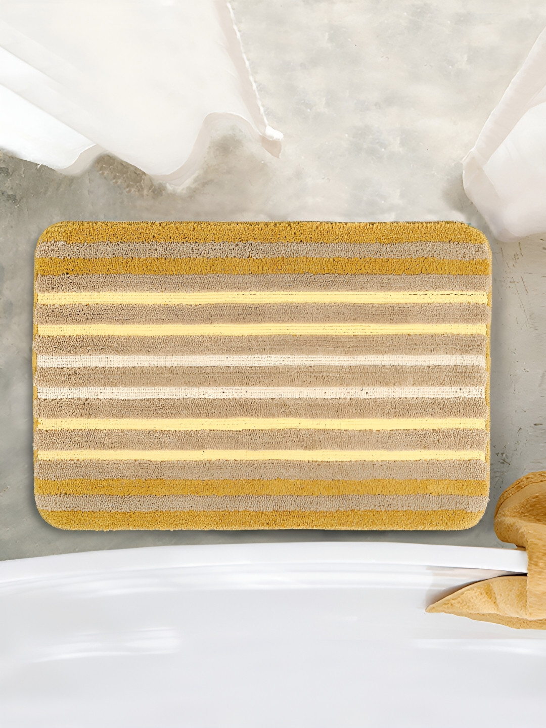 Saral Home Yellow & Brown Striped 650 GSM Antiskid Bath Rug