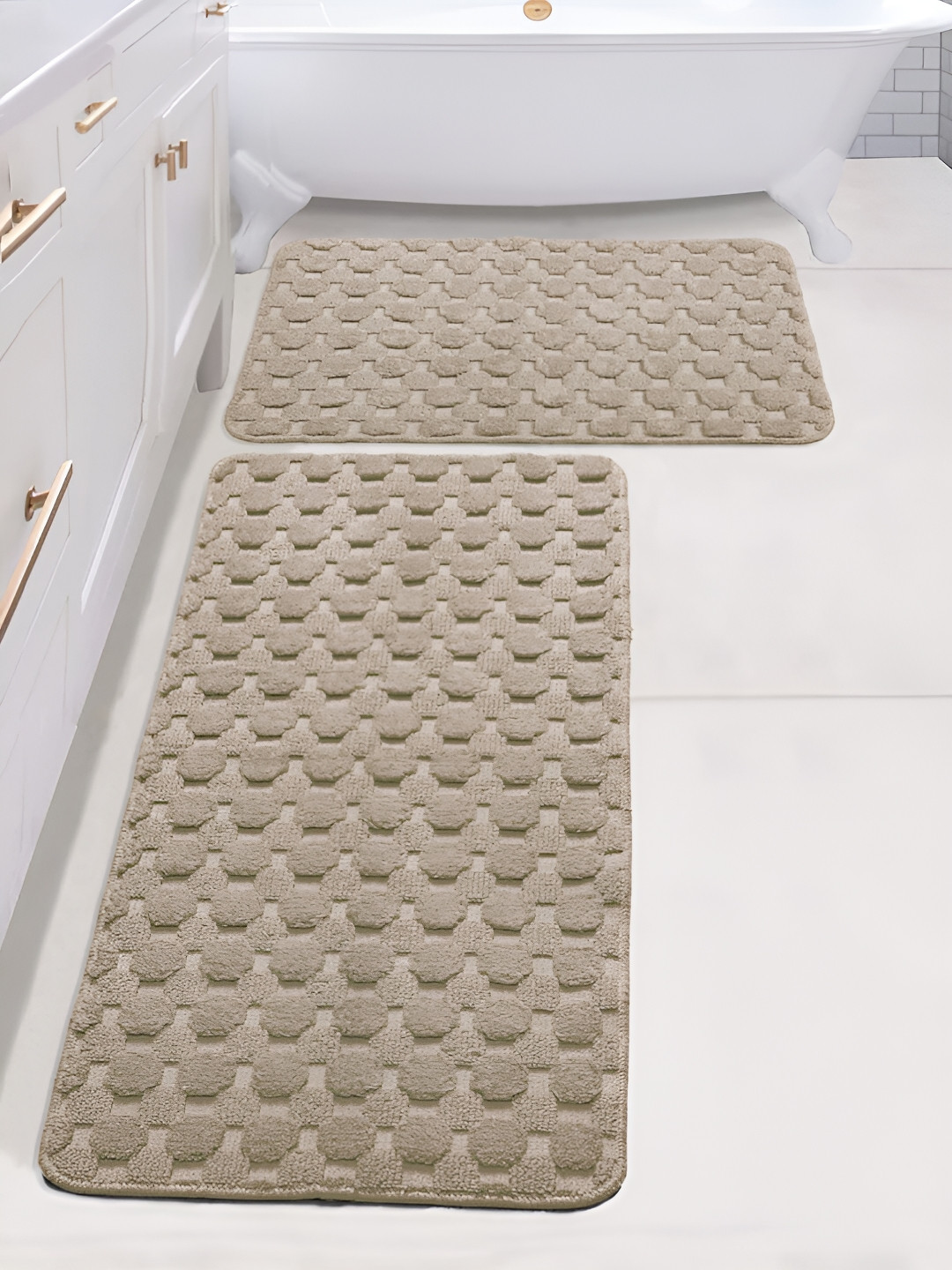 Saral Home Beige 2 Pieces Textured 3000 GSM Cotton Antiskid Bath Mat & Runner