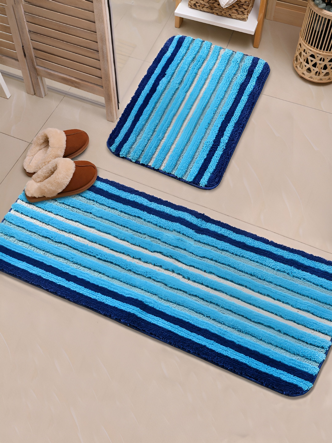 Saral Home Turquoise Blue 2 Pieces Striped 650 GSM Cotton Antiskid Bath Mat & Runner