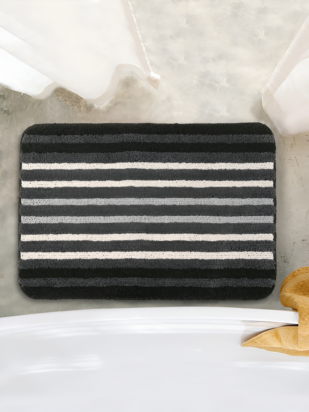Saral Home Black Striped 650 GSM Anti-Skid Bath Rug