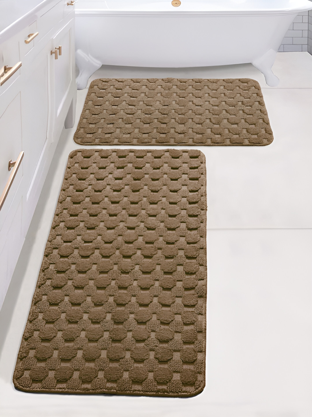 Saral Home Brown 2 Pieces Textured 3000 GSM Cotton Antiskid Bath Mat & Runner