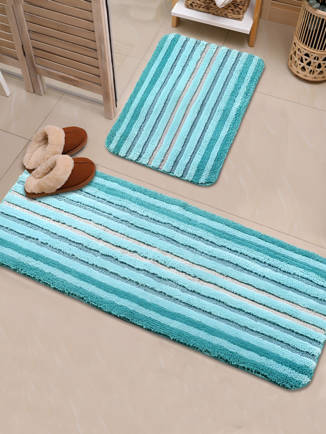 Saral Home Wow Turquoise Blue & White 2 Pieces Striped 650 GSM Anti-Skid Bath Rugs