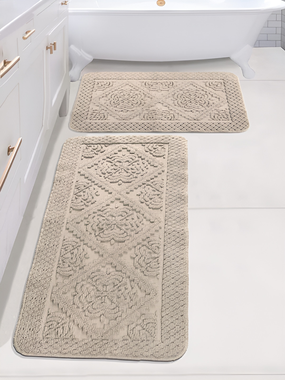 Saral Home Beige 2 Pieces Textured 1902 GSM Cotton Antiskid Bath Mat & Runner