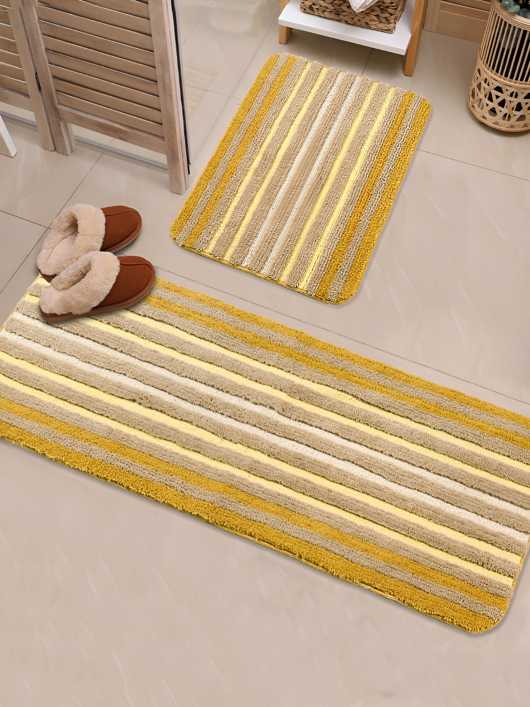 Saral Home Yellow 2 Pieces Striped 650 GSM Antiskid Bath Mat & Runner