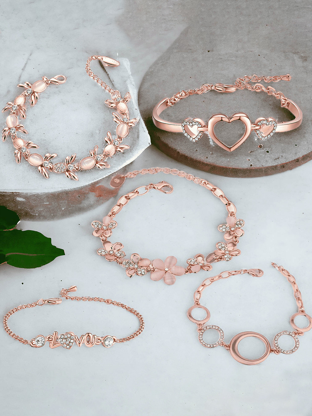 Okos Set Of 5 Rose Gold-Plated Cats Eye Link Bracelet