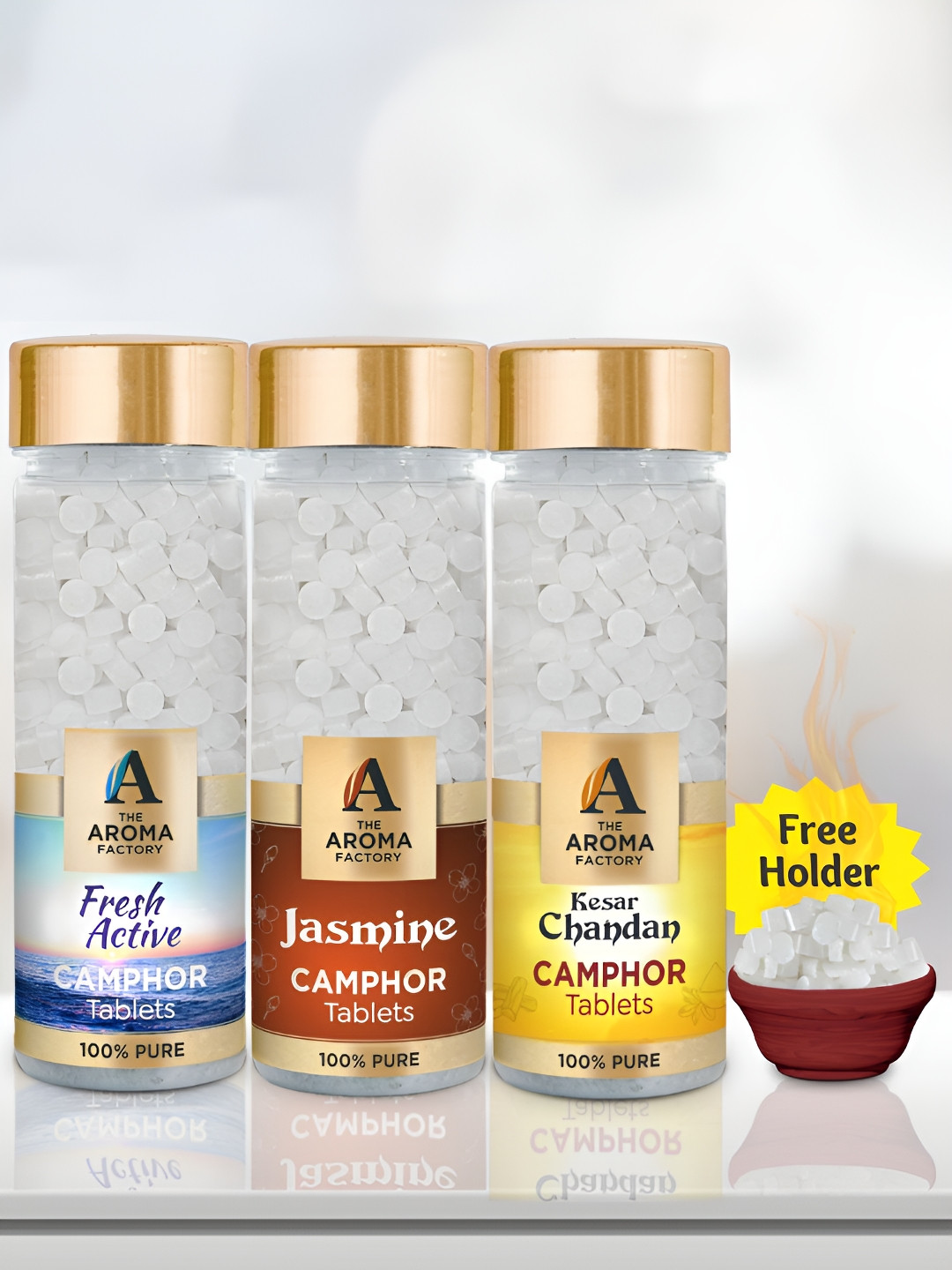 The Aroma Factory 3 Pcs White Fresh Active, Jasmine & Kesar Chandan Pooja Camphor Tablets