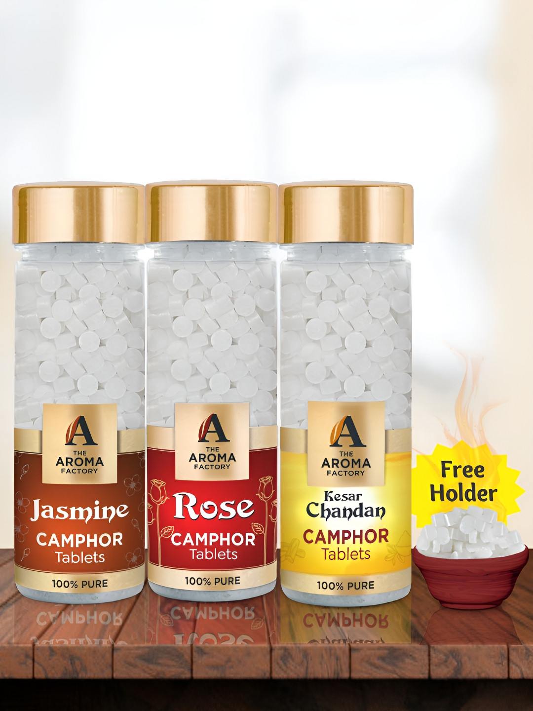 The Aroma Factory 3-Pcs White Jasmine Rose & Kesar Chandan Pooja Camphor Tablets