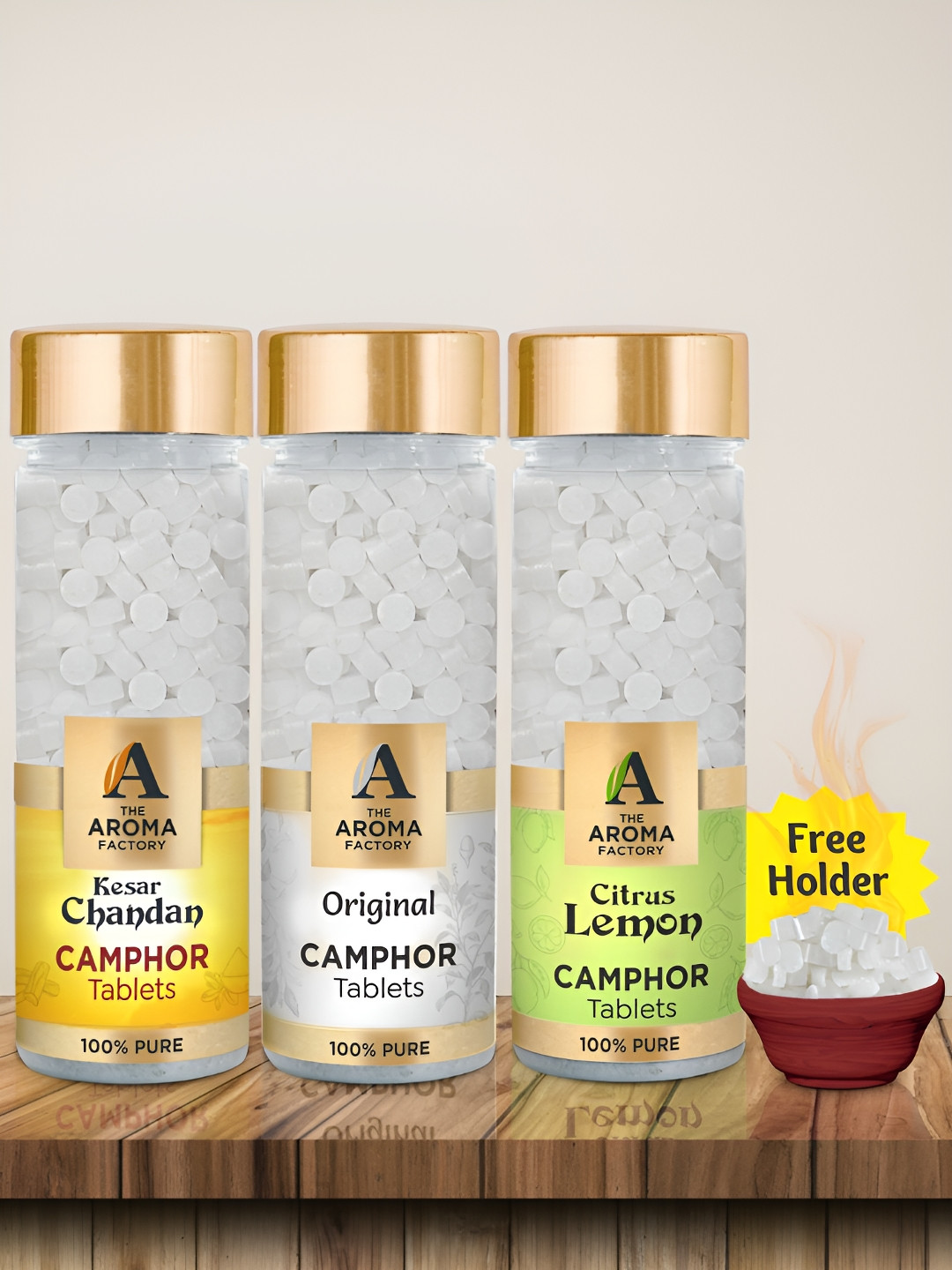 The Aroma Factory White 3 Pcs Kesar Chandan Original & Citrus Lemon Pooja Camphor Tablets