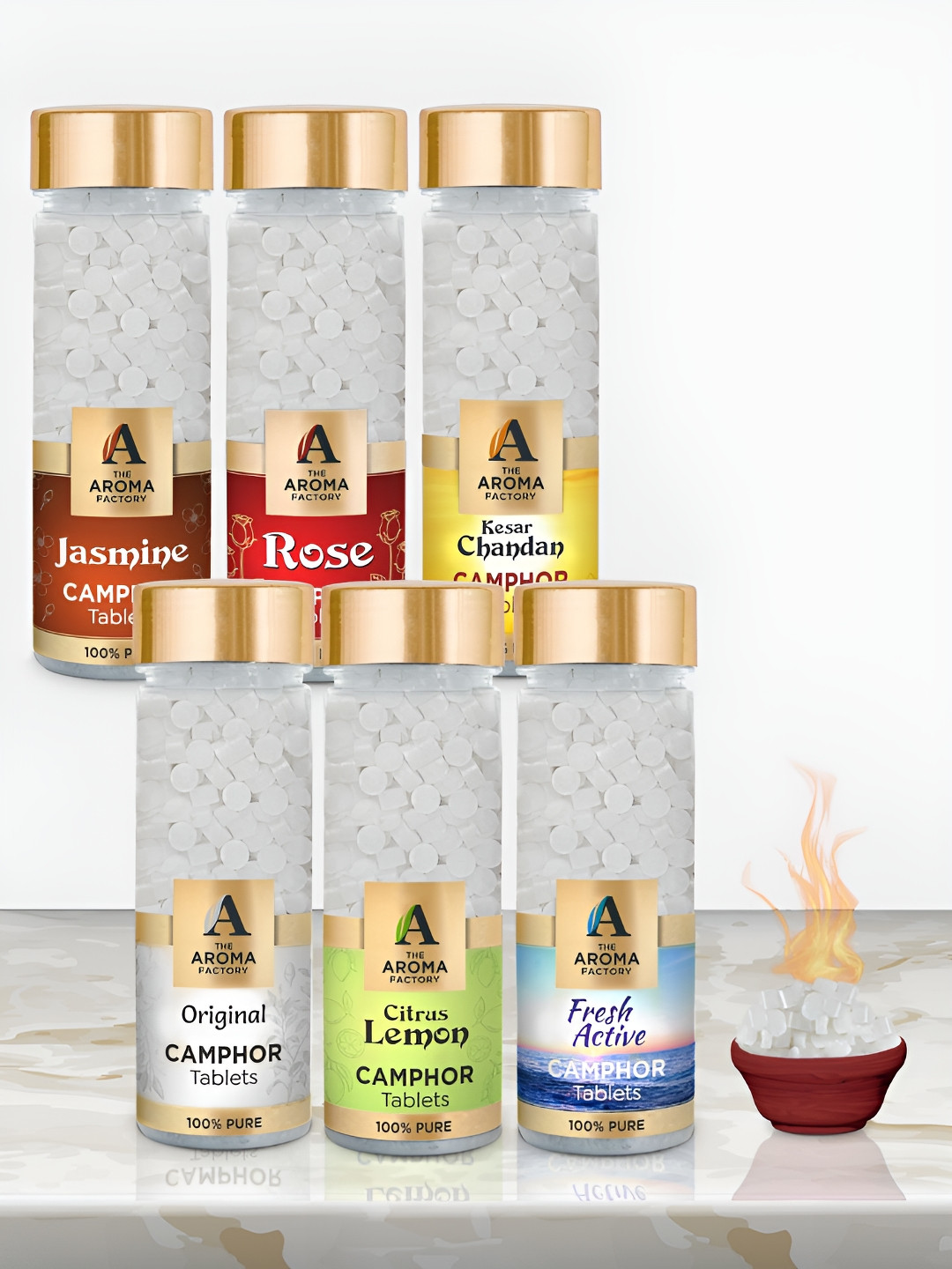 The Aroma Factory 6-Pcs White Jasmine,Rose,Chandan,Original,Lemn & Fresh Scented Camphors