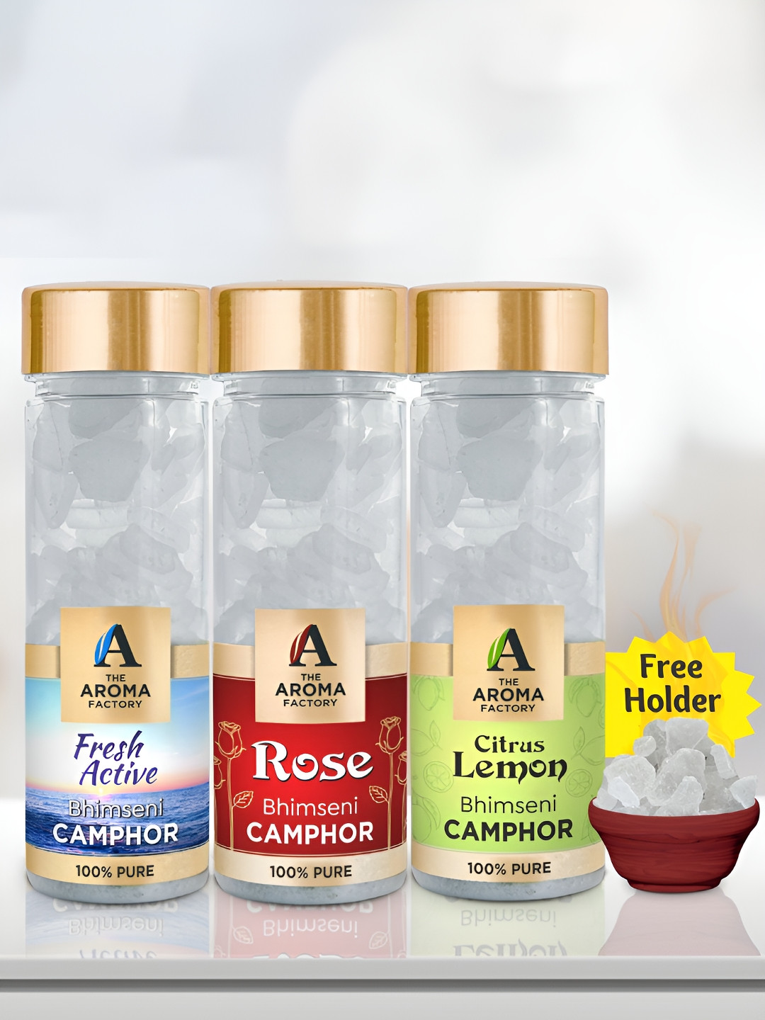 The Aroma Factory White 3 Pieces Fresh Active Rose & Lemon Bhimseni Pooja Camphor