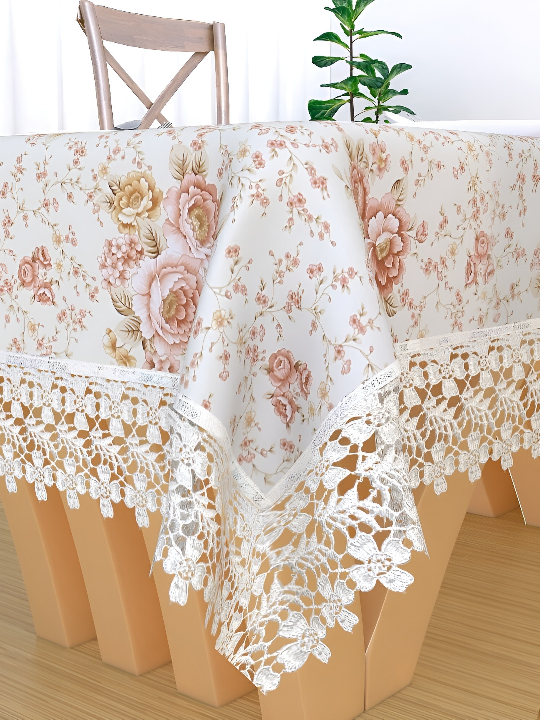 TANLOOMS White & Peach Colour Floral Printed Jute Cotton 6 Seater Table Cover