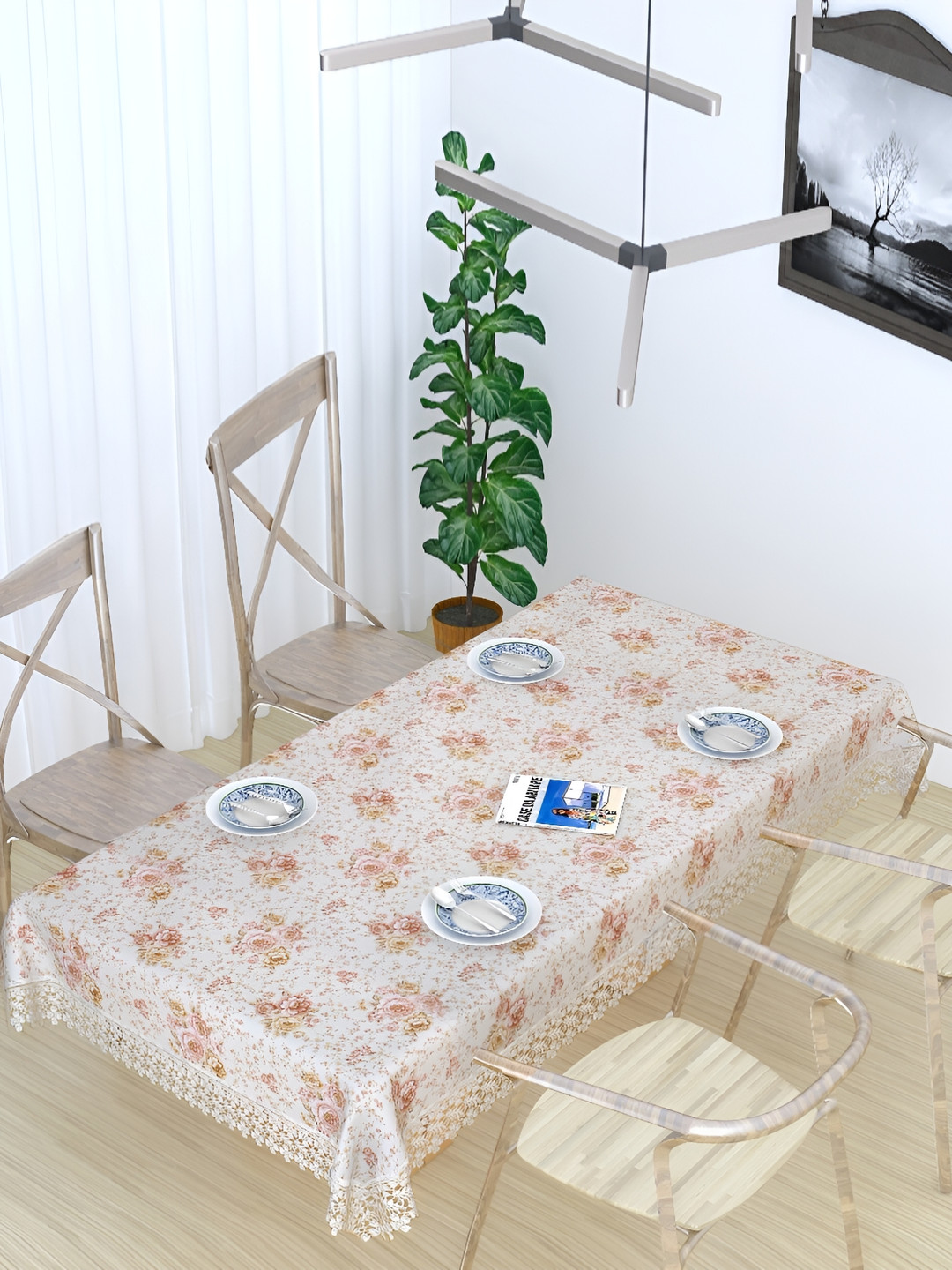 TANLOOMS White & Peach Floral Cotton 8-Seater Textured Table Cover