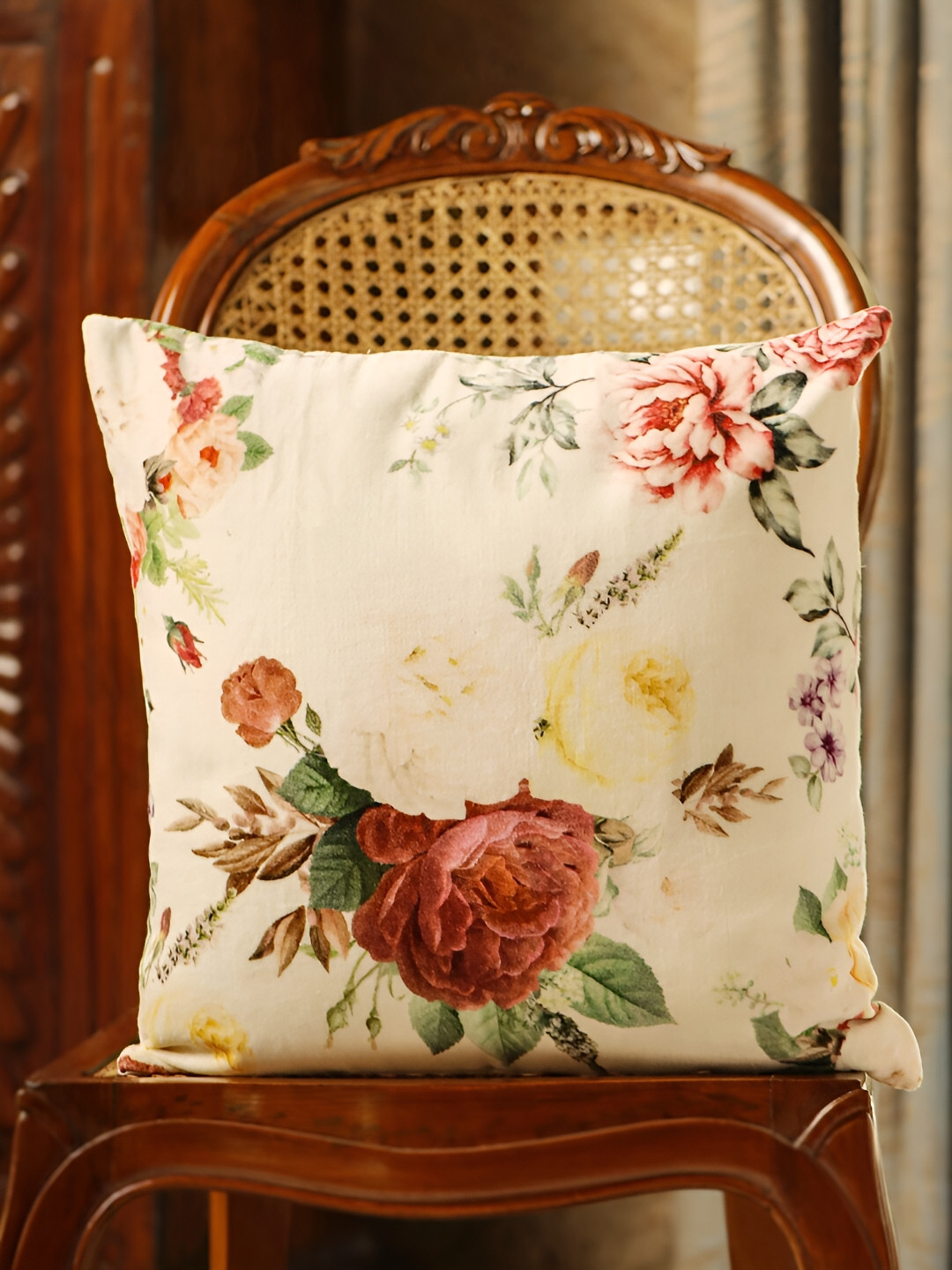 SANSKRUTIHOMES White Floral Velvet Durable Square Cushion Covers - 18 x 18 In