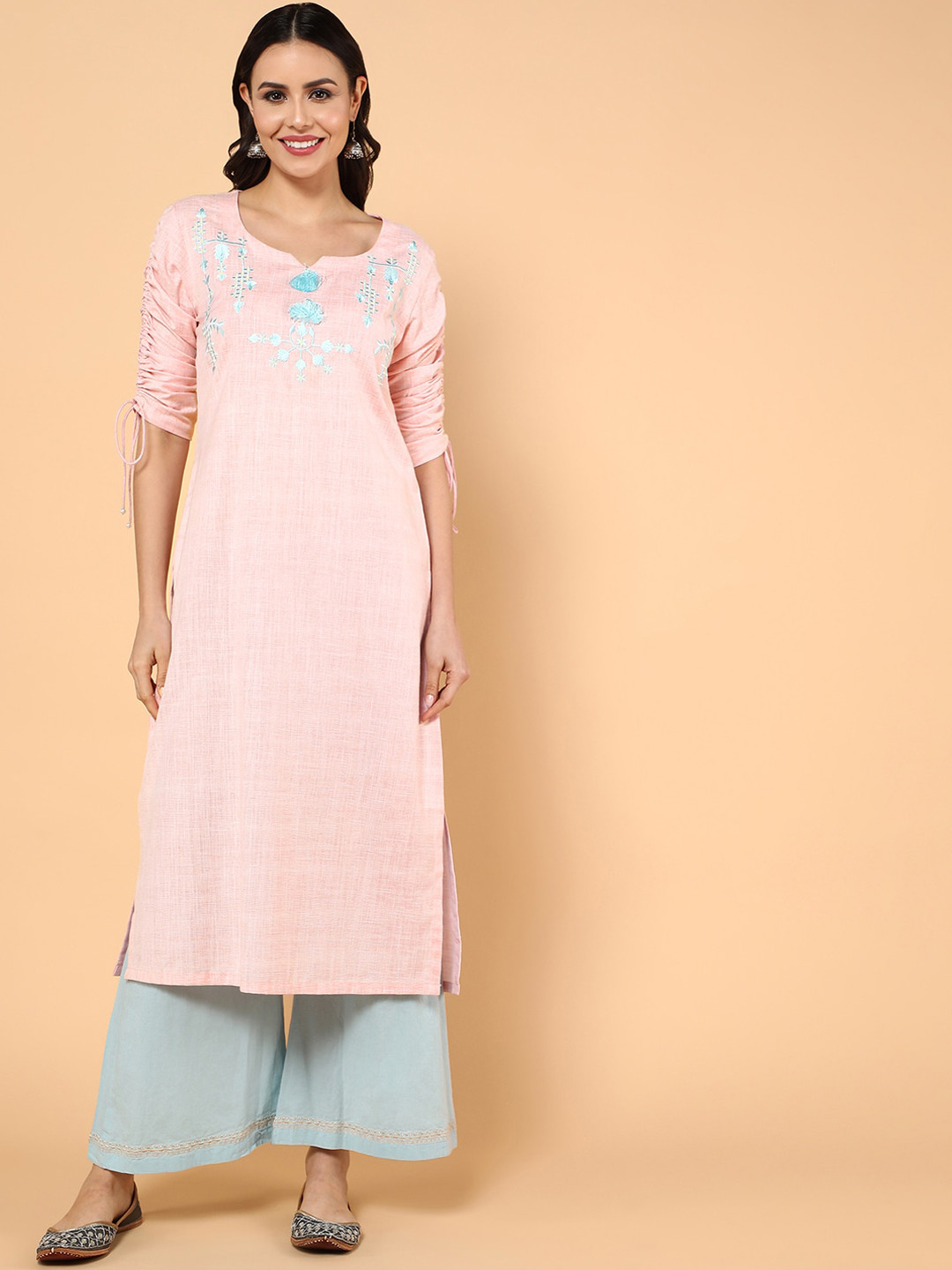 KALINI Floral Yoke Design Thread Work Ruched Sleeves Straight Pure Cotton Kurta