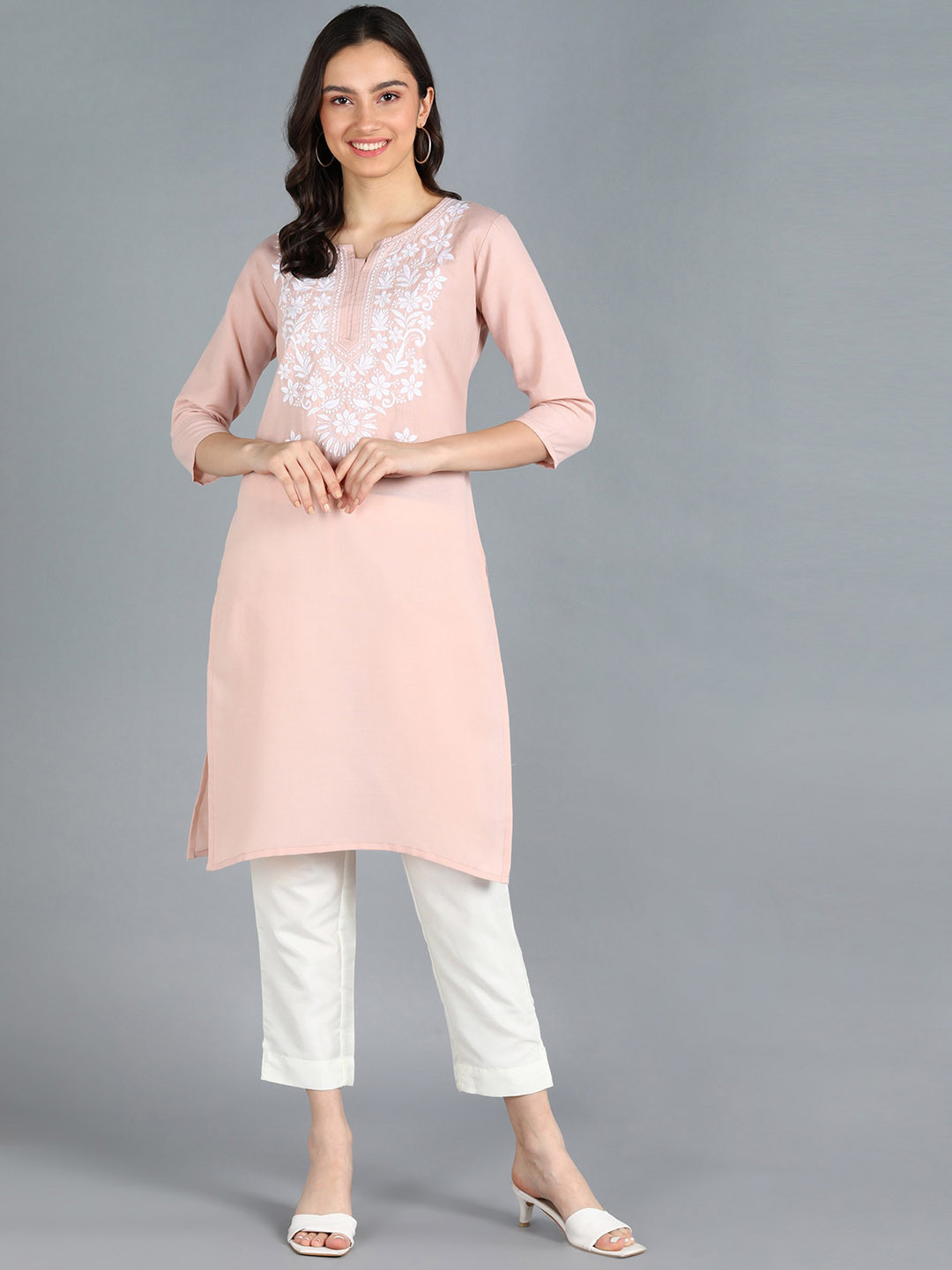 TOP N THREAD Floral Embroidered Yoke Design Chikankari Cotton Straight Kurta