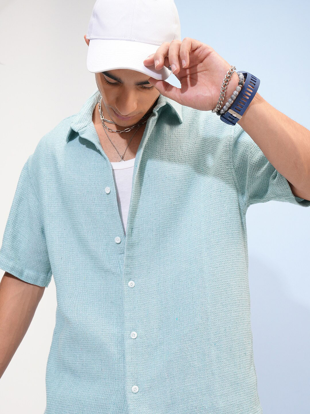 Highlander Men Oversized Textured Dobby Half Sleeve Checked Shirt