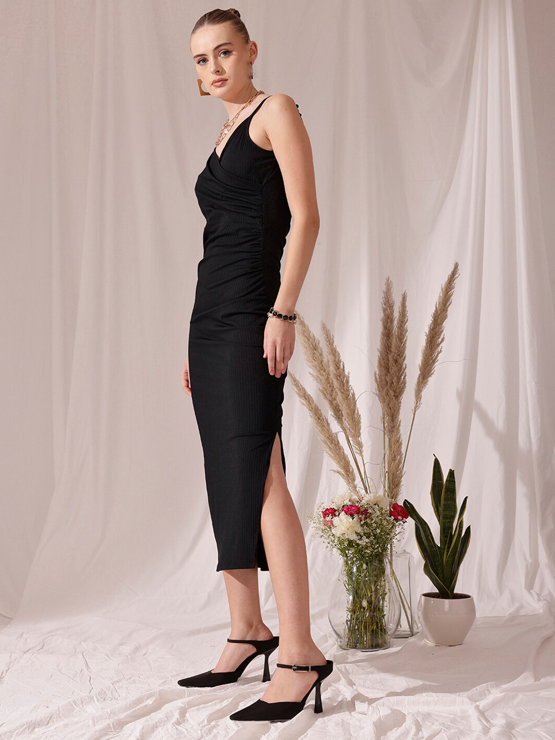 STREET 9 Shoulder Strap V Neck Sheath Midi Dress