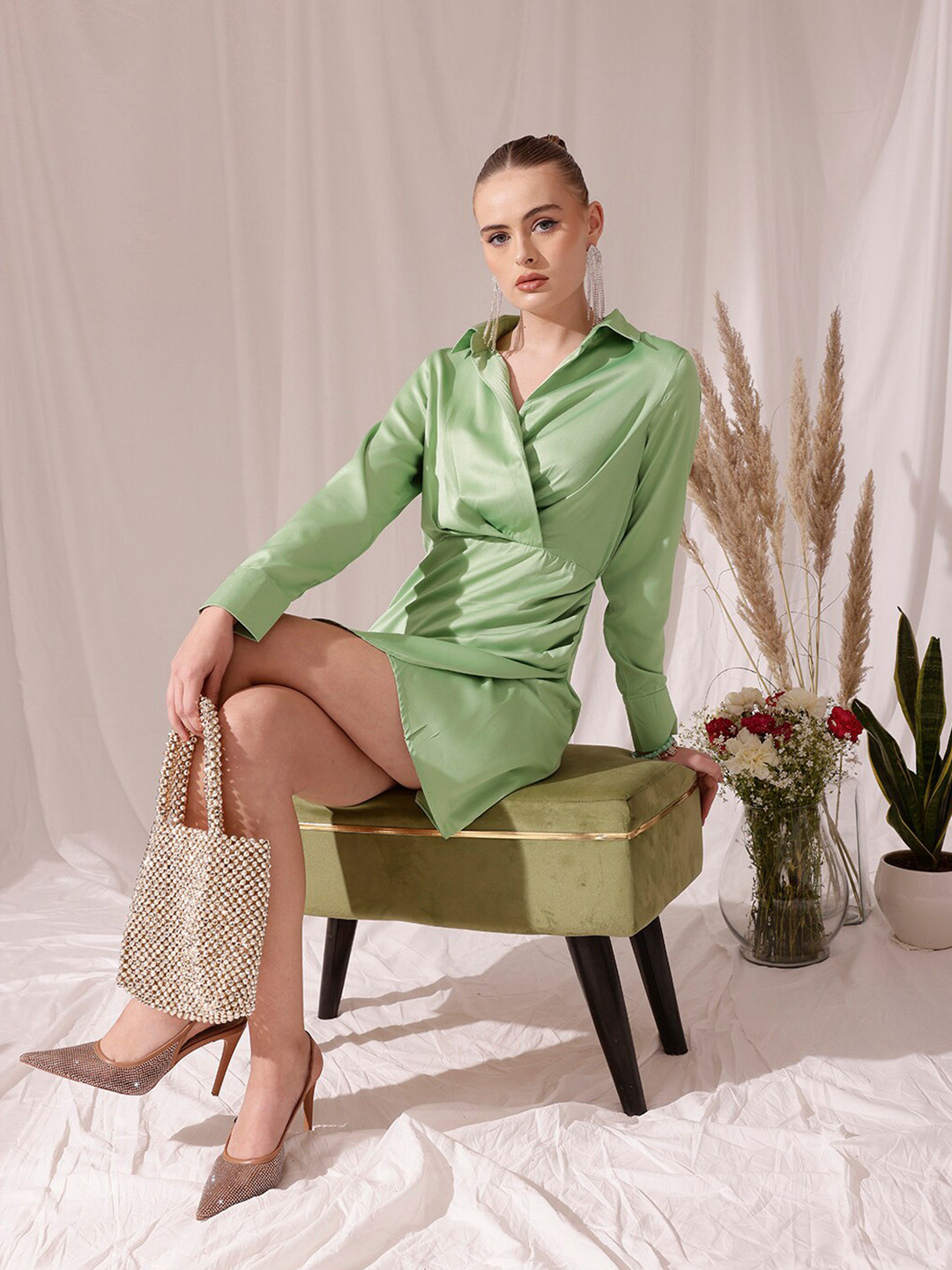 WORK IT by STREET 9 Shirt Collar Long Sleeves Satin Wrap Dress