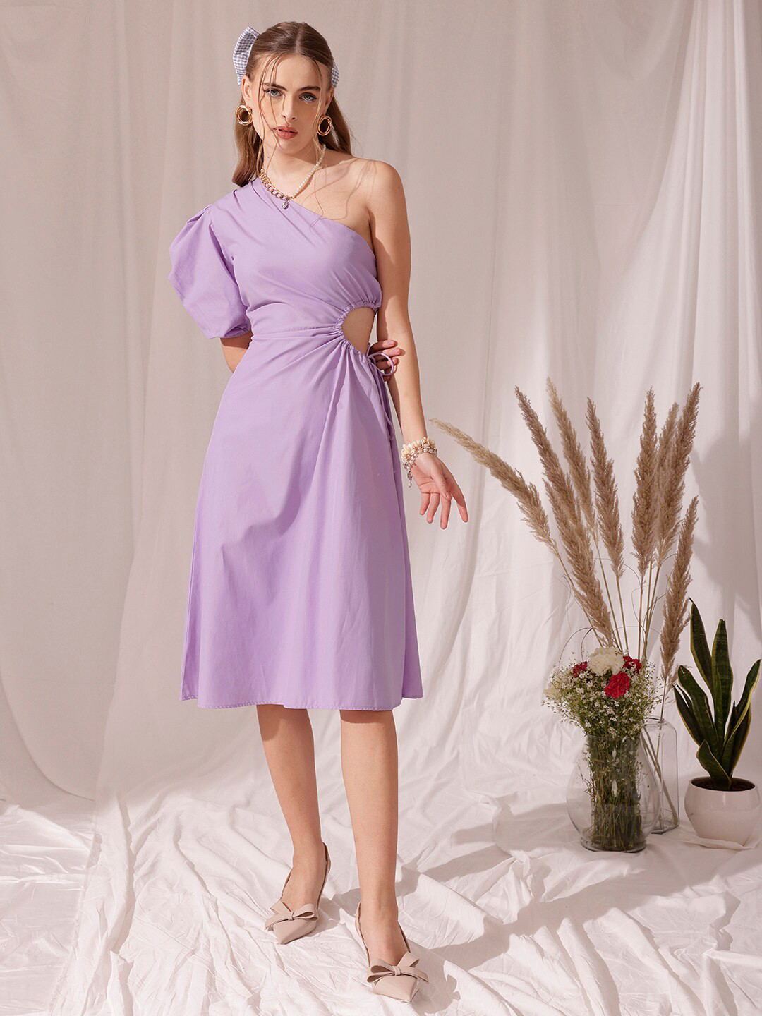 STREET 9 One Shoulder Short Puff Sleeves Fit & Flare Midi Dress