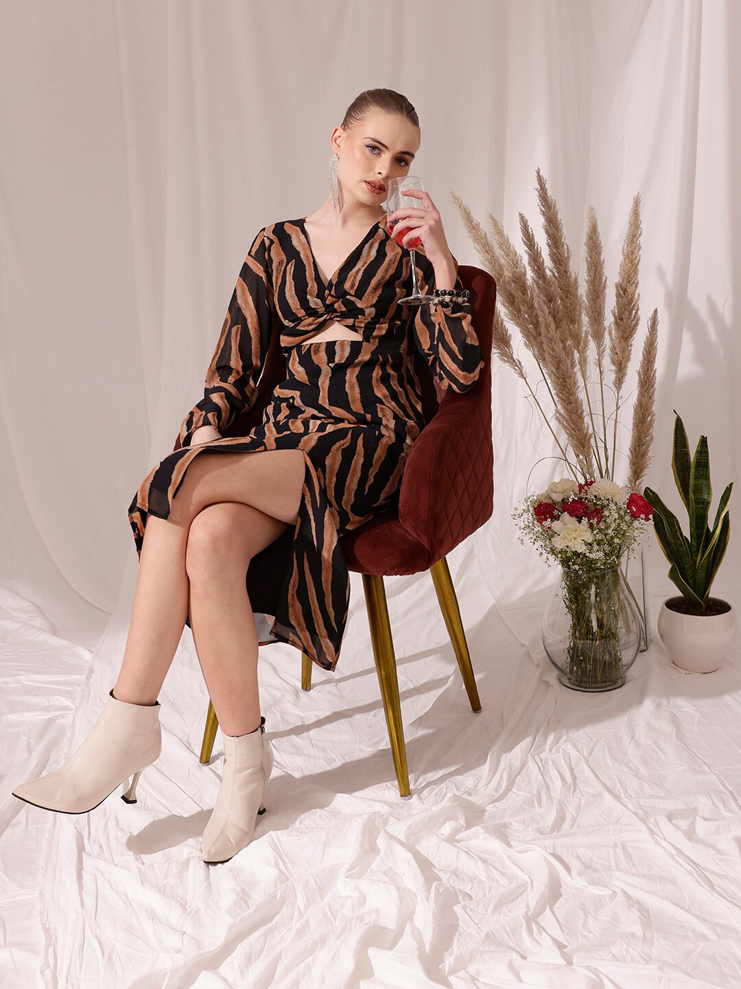 STREET 9 V Neck Long Sleeves Animal Print Fit & Flare Midi Dress