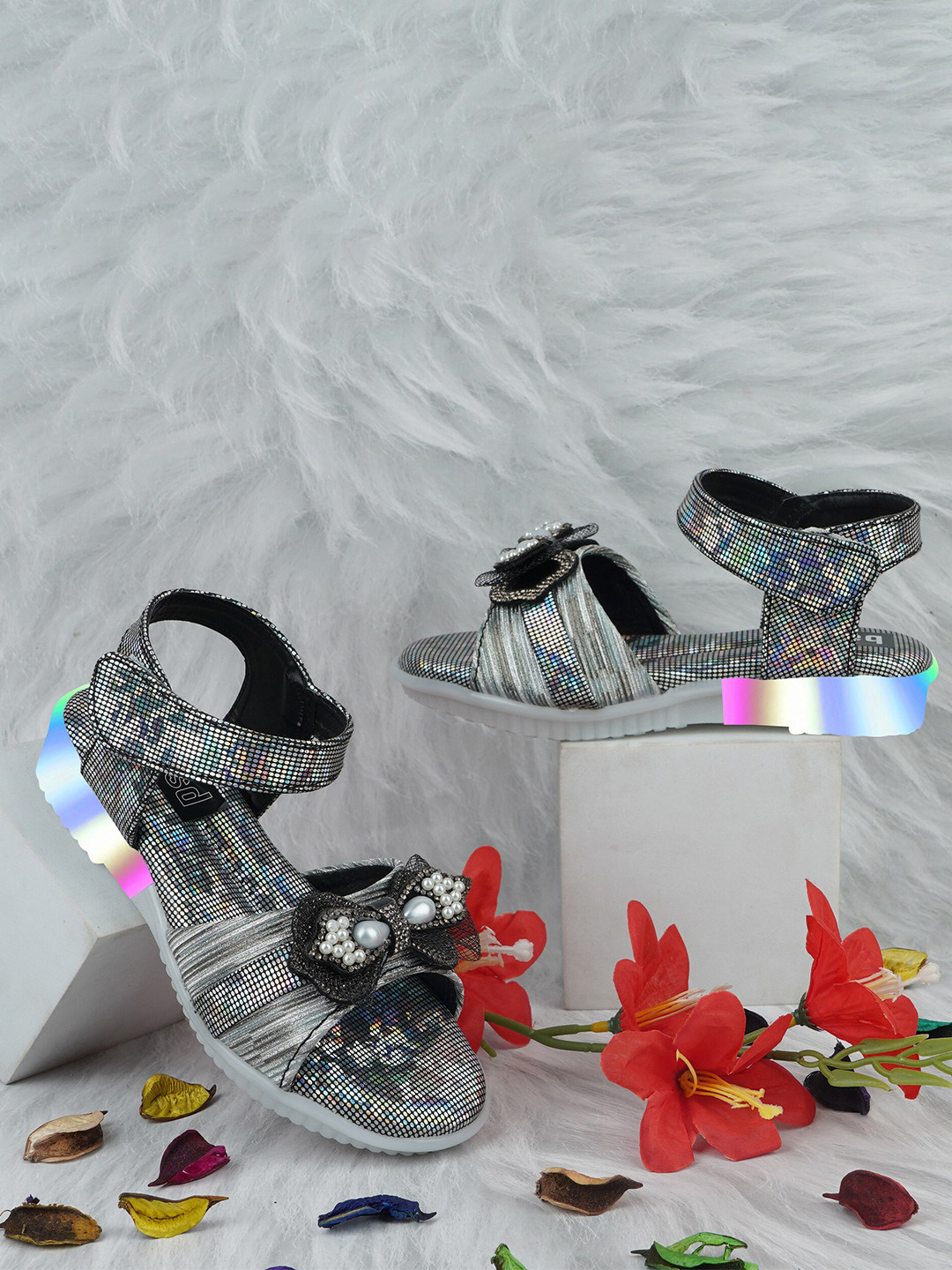 BAESD Girls Embellished LED Open Toe Flats