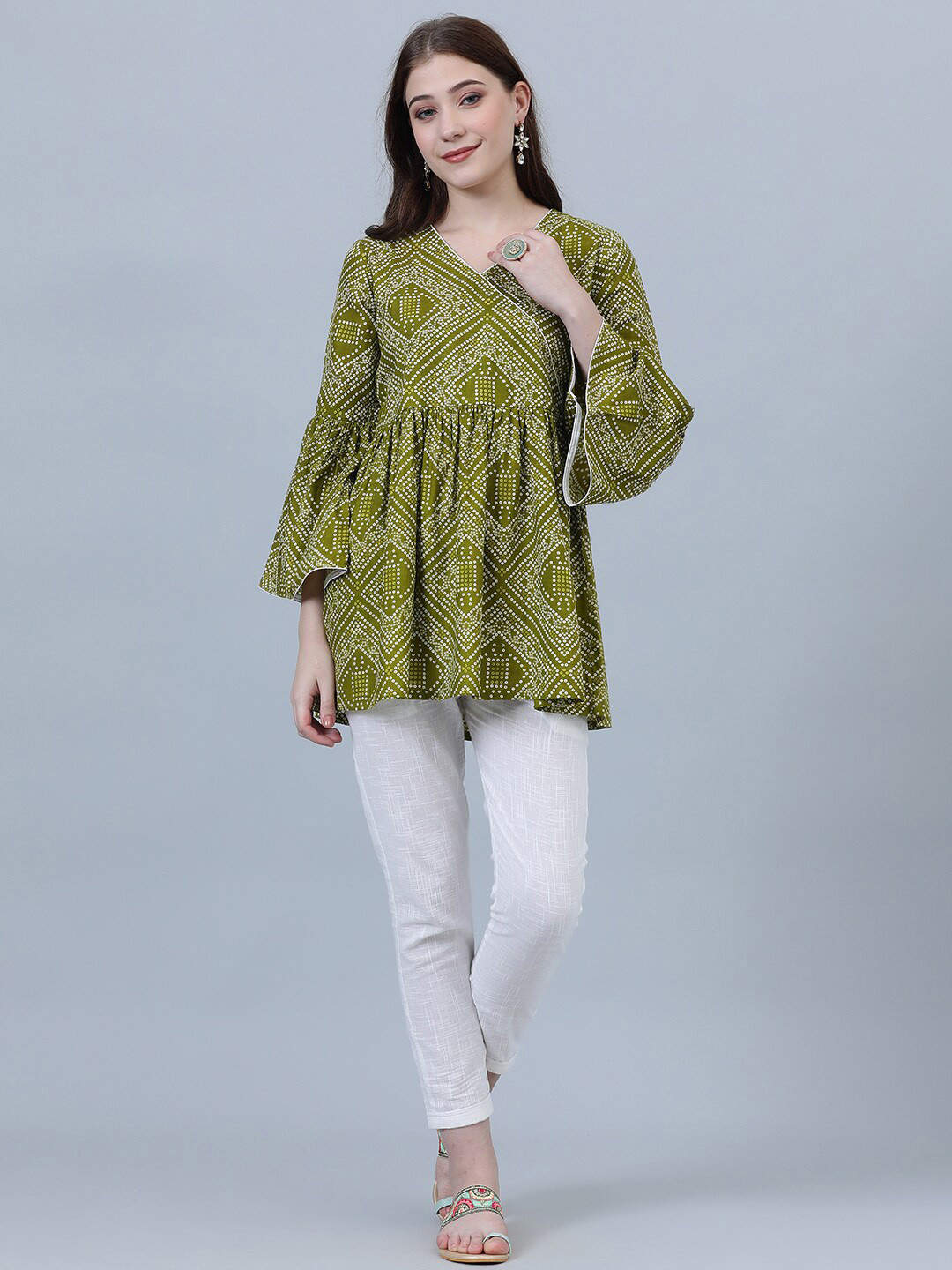 SHOOLIN Ethnic Motifs Printed Bell Sleeves Angrakh Longline Top