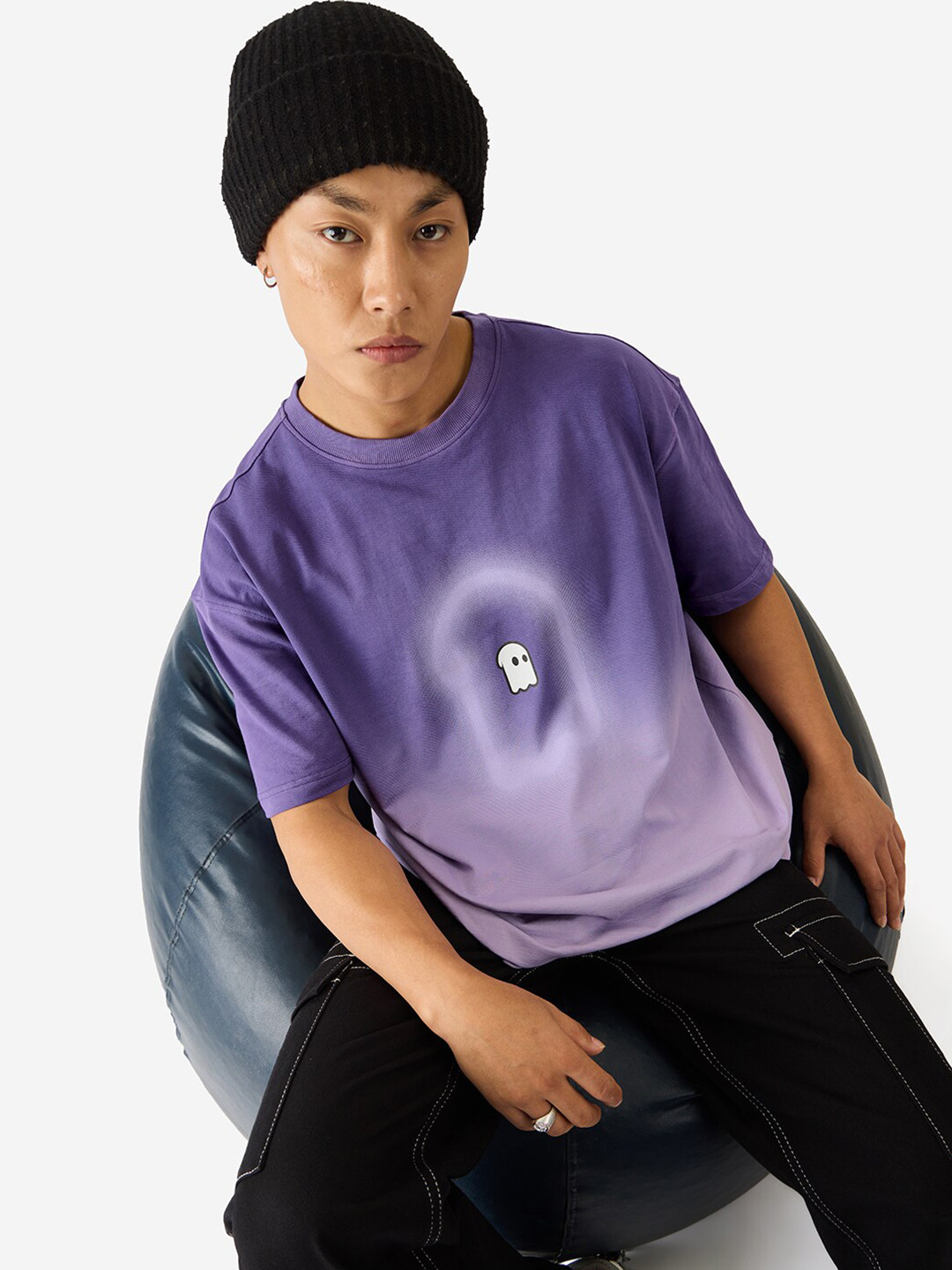 The Souled Store Men Oversized Fit Printed Purple T-Shirts